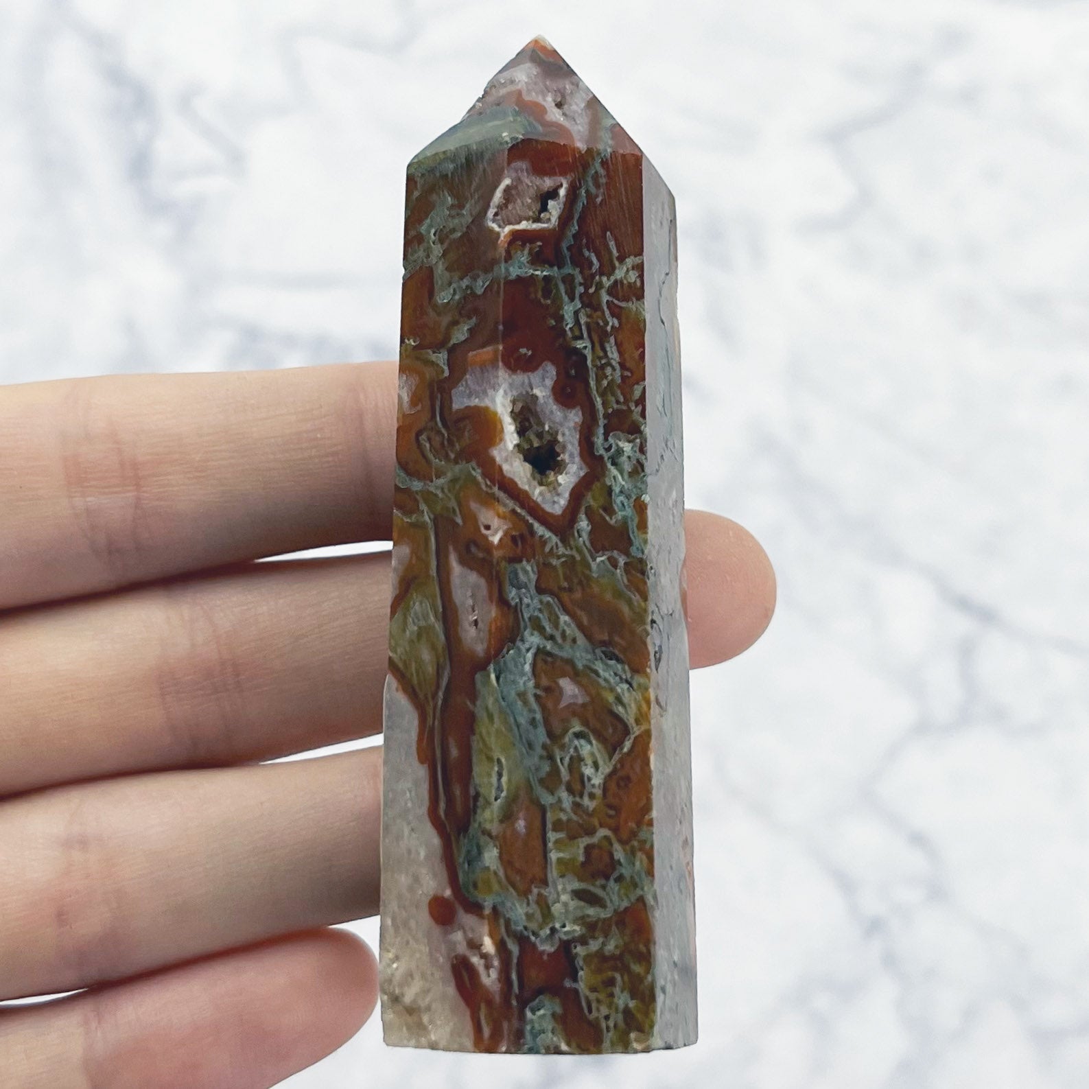 3 Inch Carnelian Moss Agate Tower L10