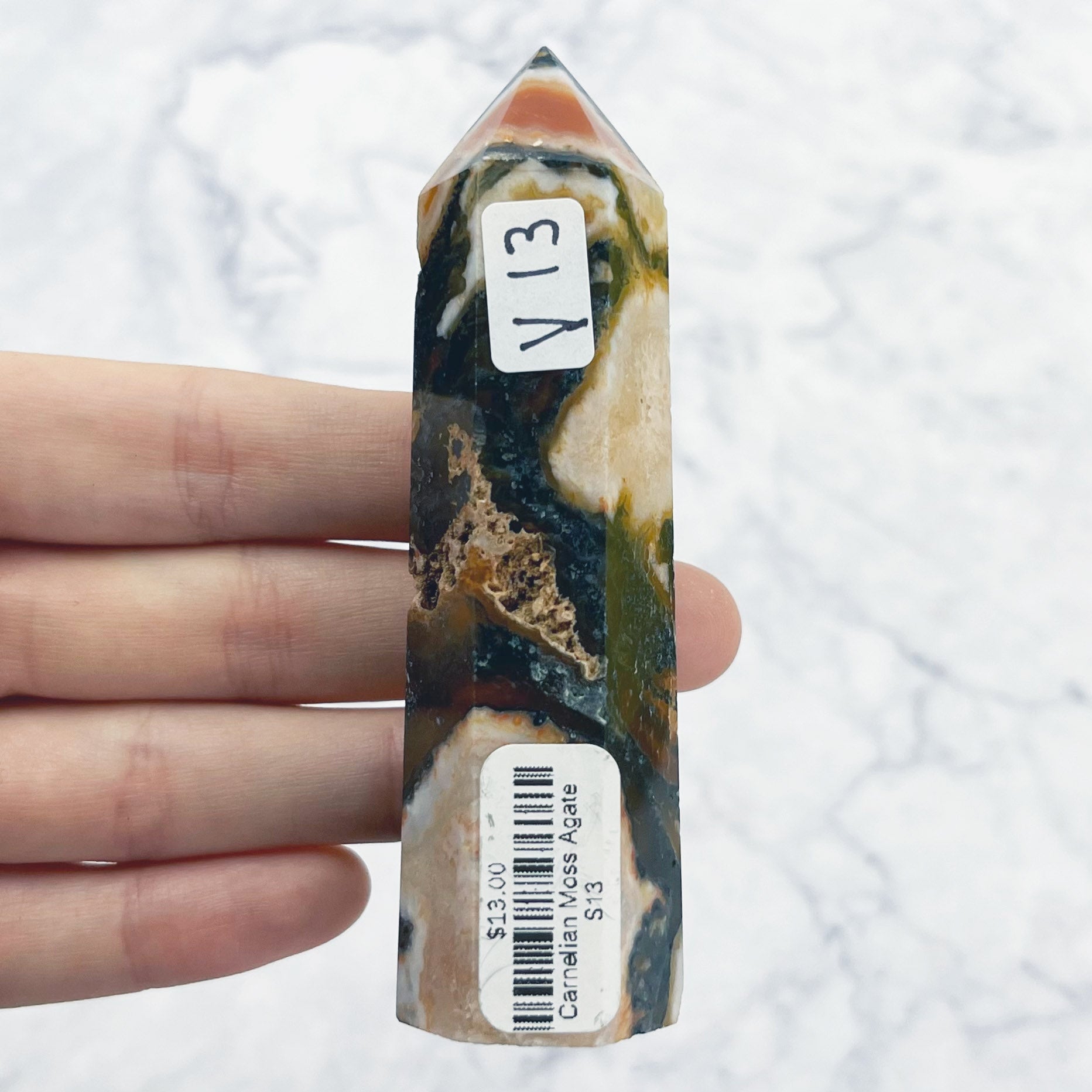 3.75 Inch Carnelian Moss Agate Tower V13