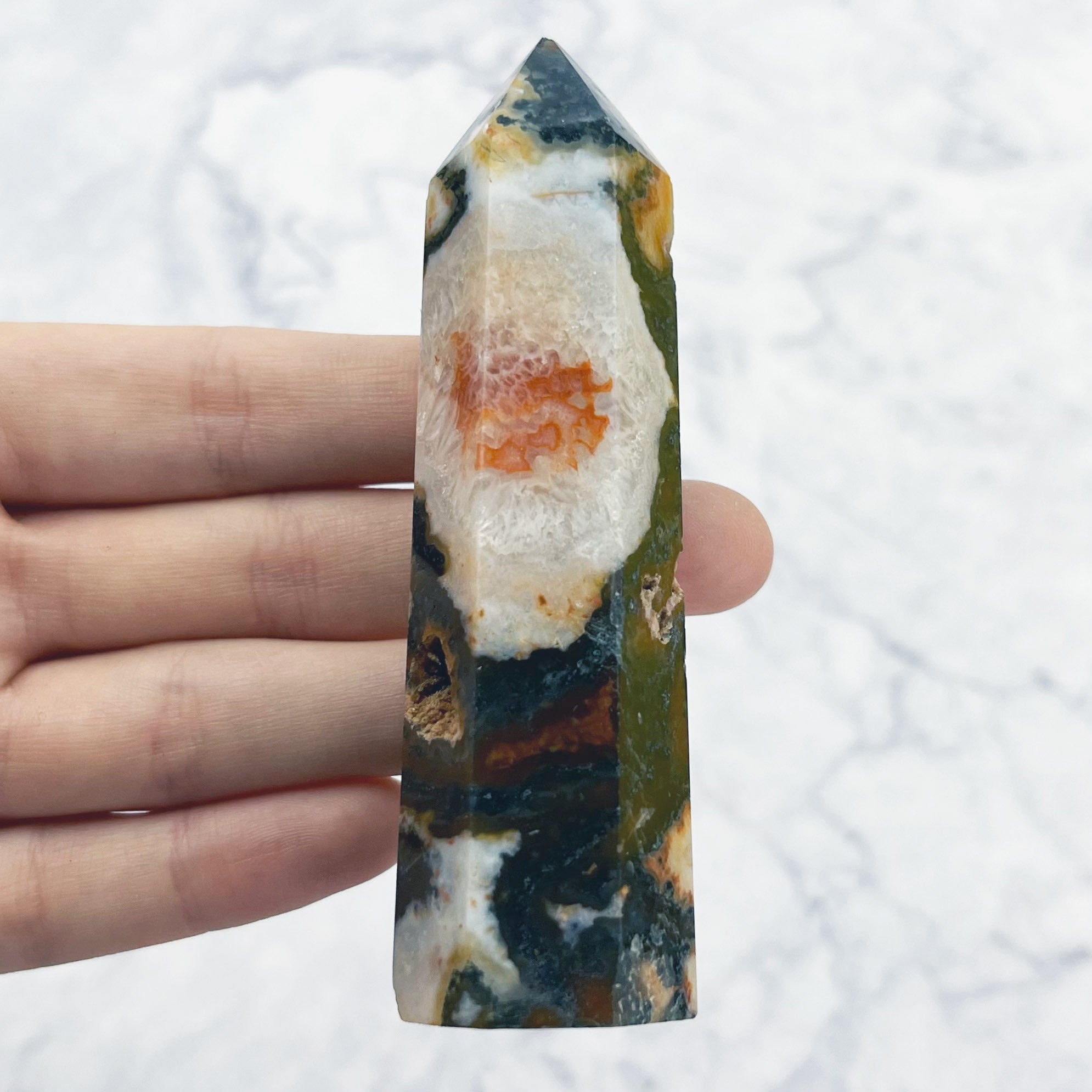 3.75 Inch Carnelian Moss Agate Tower V13
