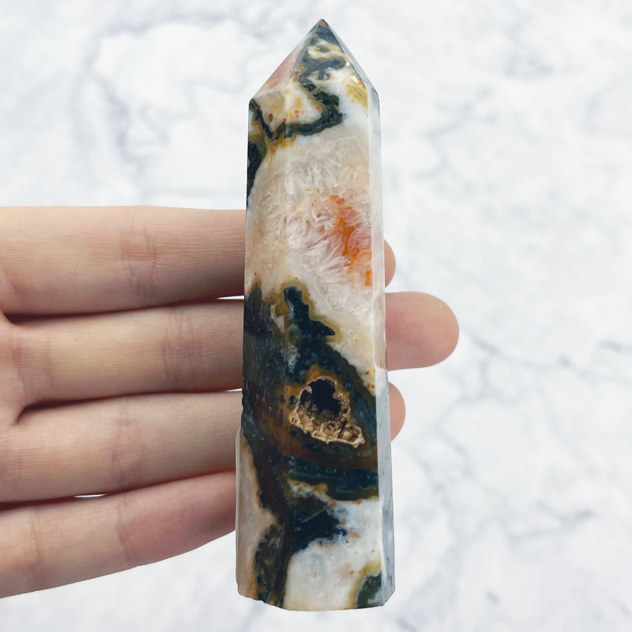 3.75 Inch Carnelian Moss Agate Tower V13