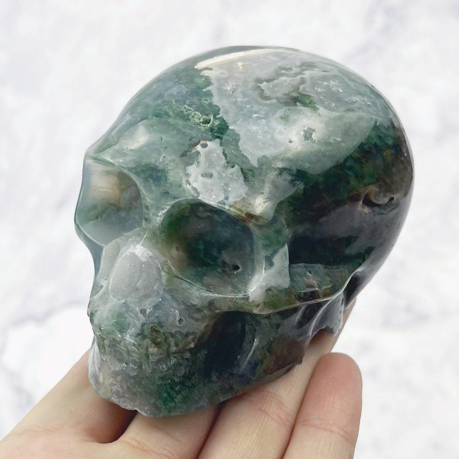 3.25 Inch Moss Agate Skull Carving S90