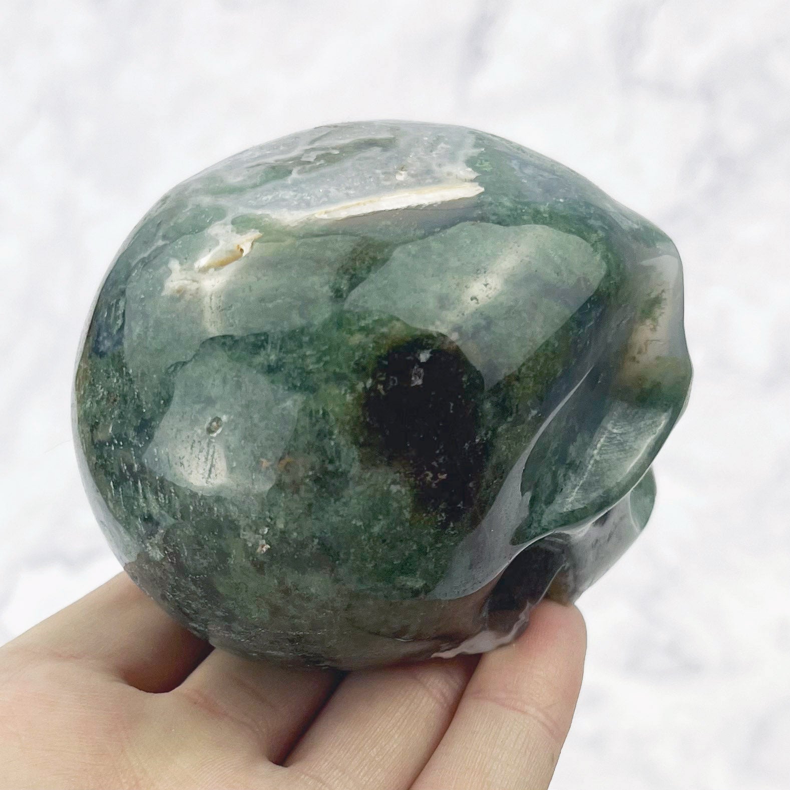 3.25 Inch Moss Agate Skull Carving S90