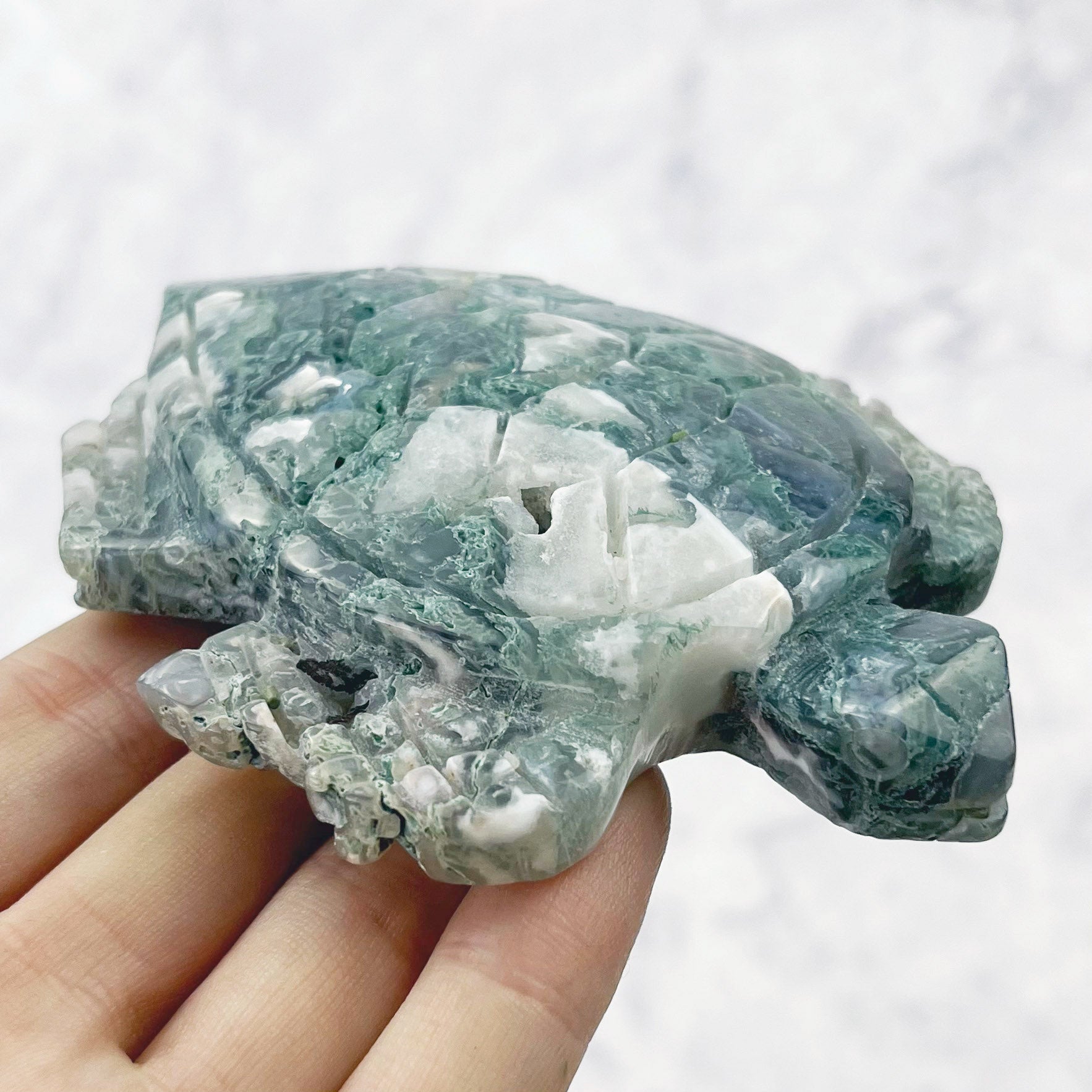 4 Inch Moss Agate Turtle Carving Y120