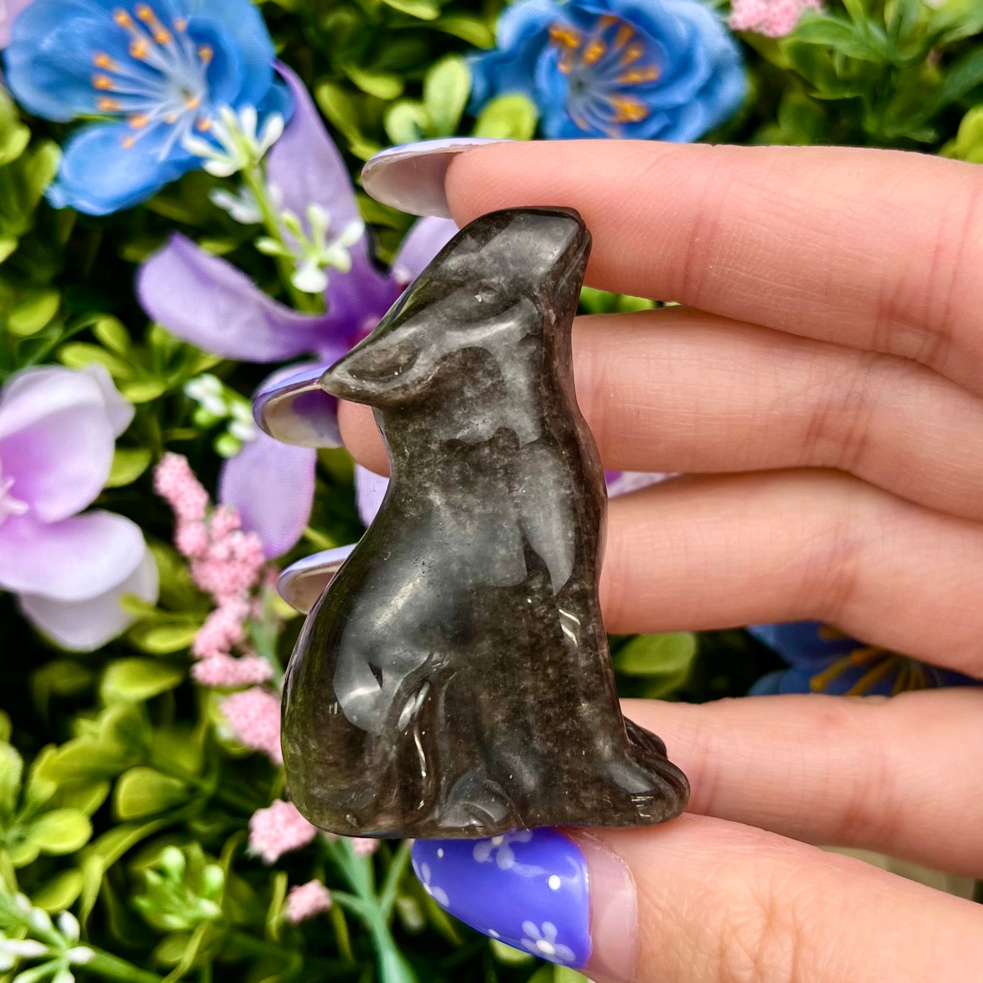 2 Inch Silver Sheen Obsidian Wolf Carving W24