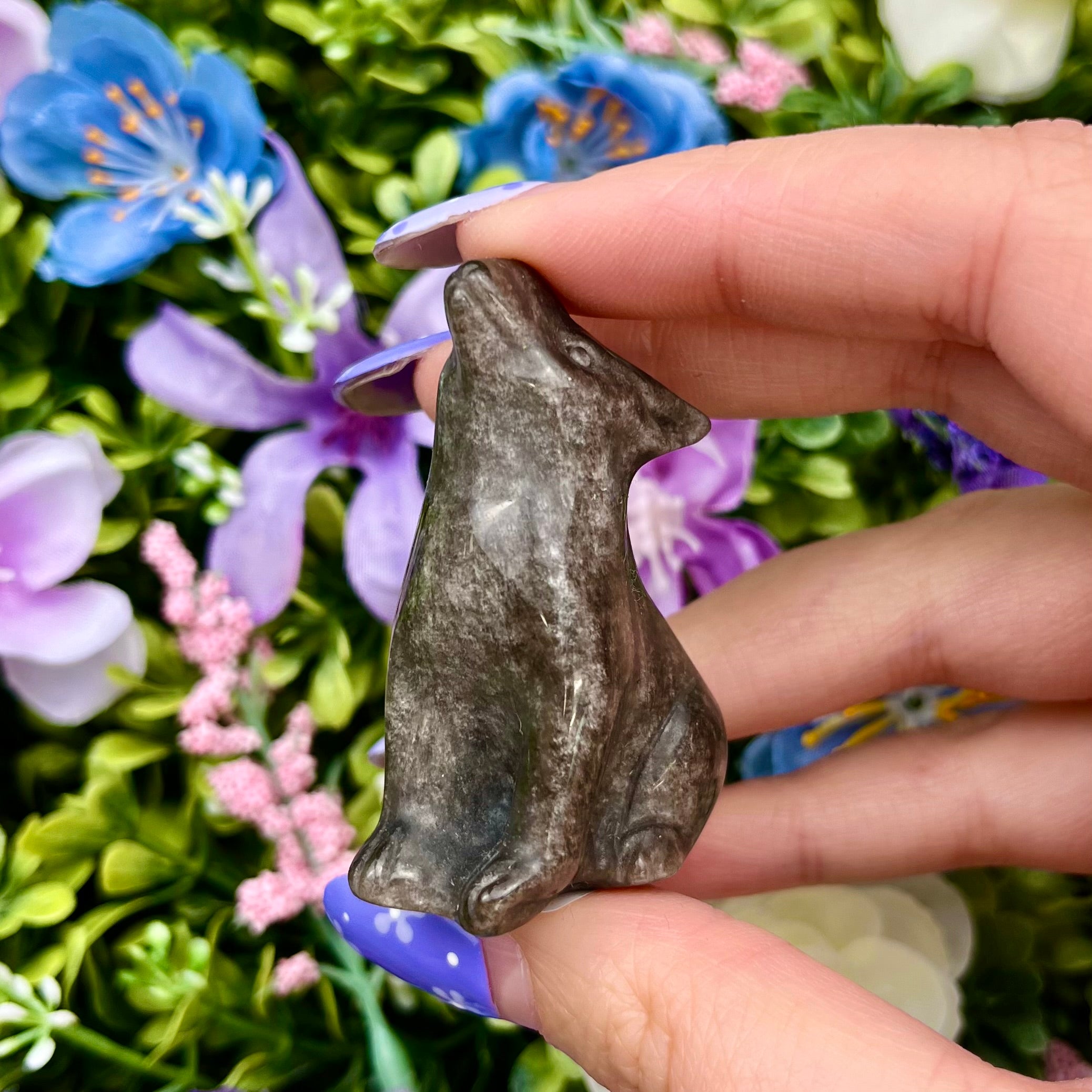 2 Inch Silver Sheen Obsidian Wolf Carving W24