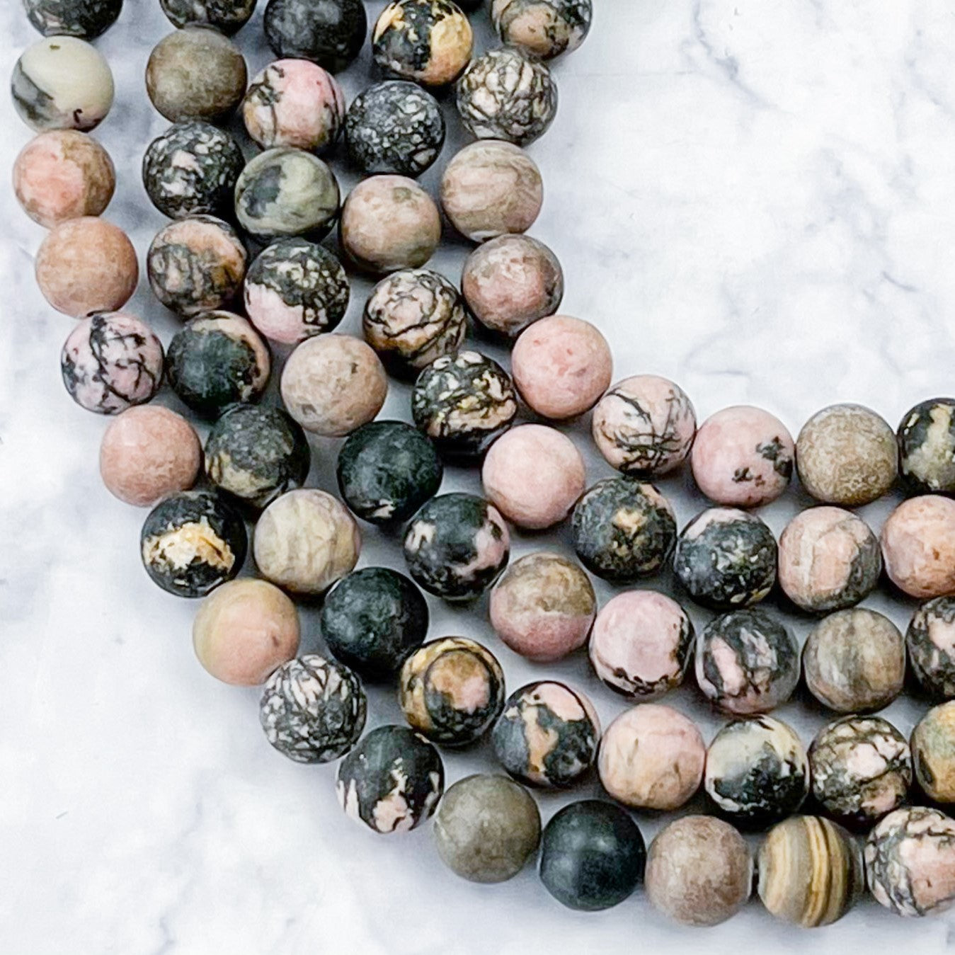 10mm Frosted Rhodonite With Black Matrix Bead Strand