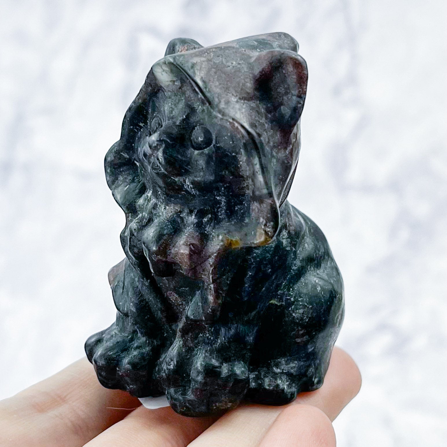 2.5 Inch Garnet in Arfvedsonite Cloaked Cat Carving R42