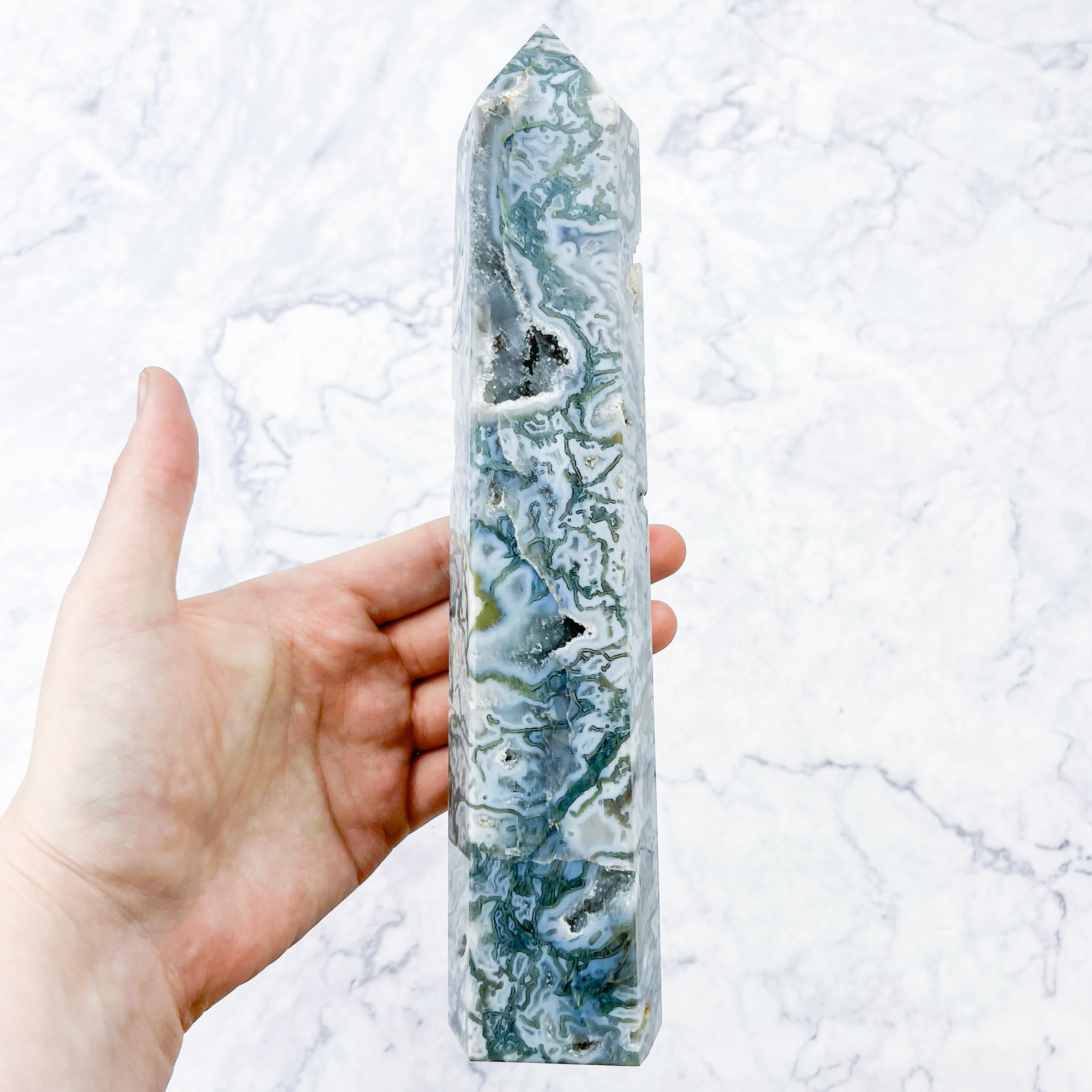 9 Inch Moss Agate Tower M177