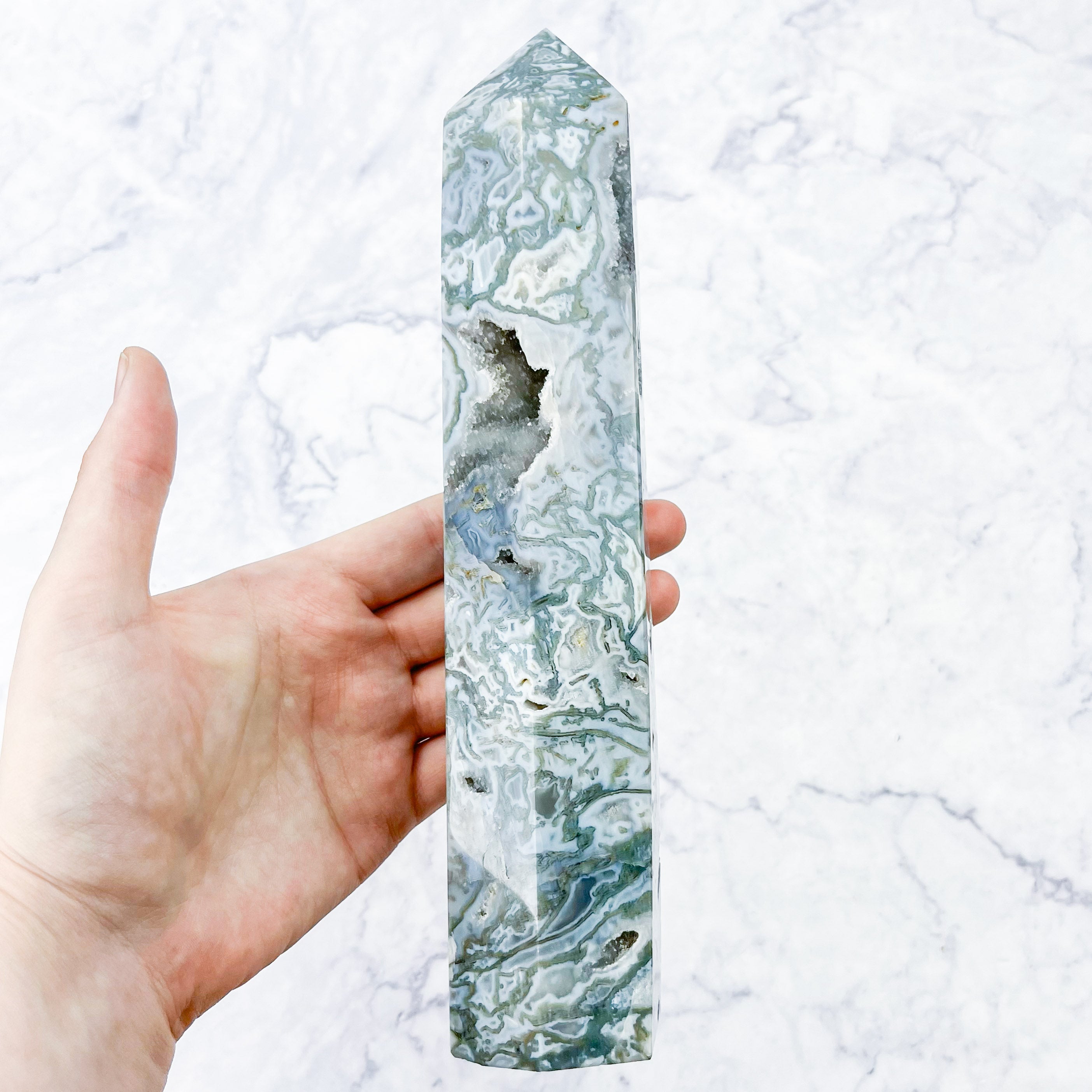 9 Inch Moss Agate Tower M177