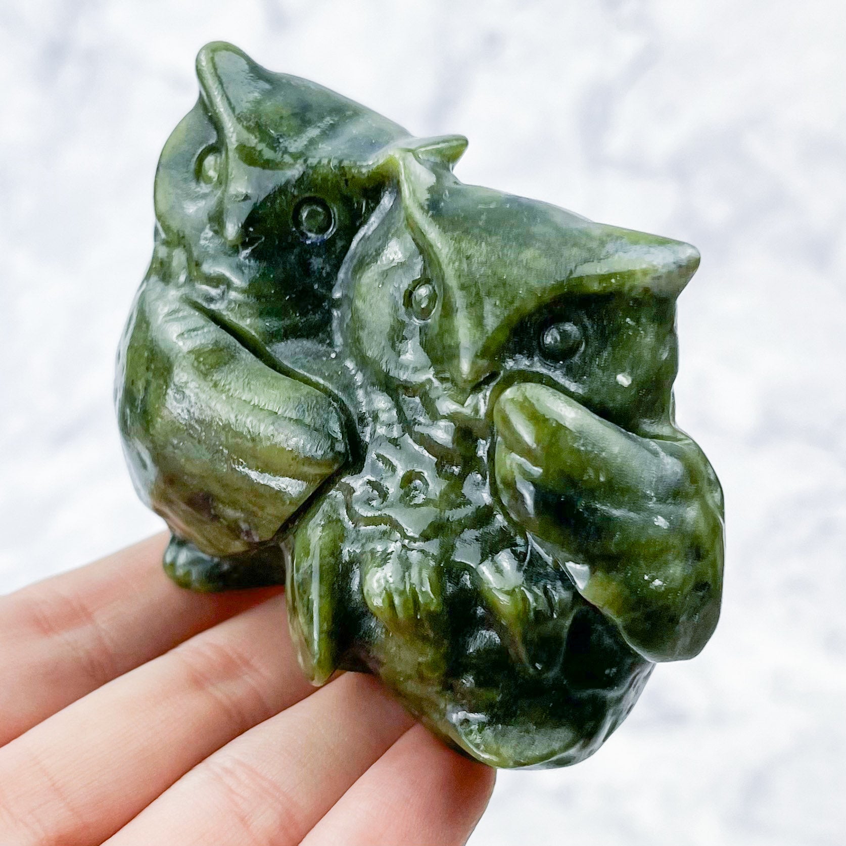 3 Inch Serpentine Snuggling Owl Carving A46