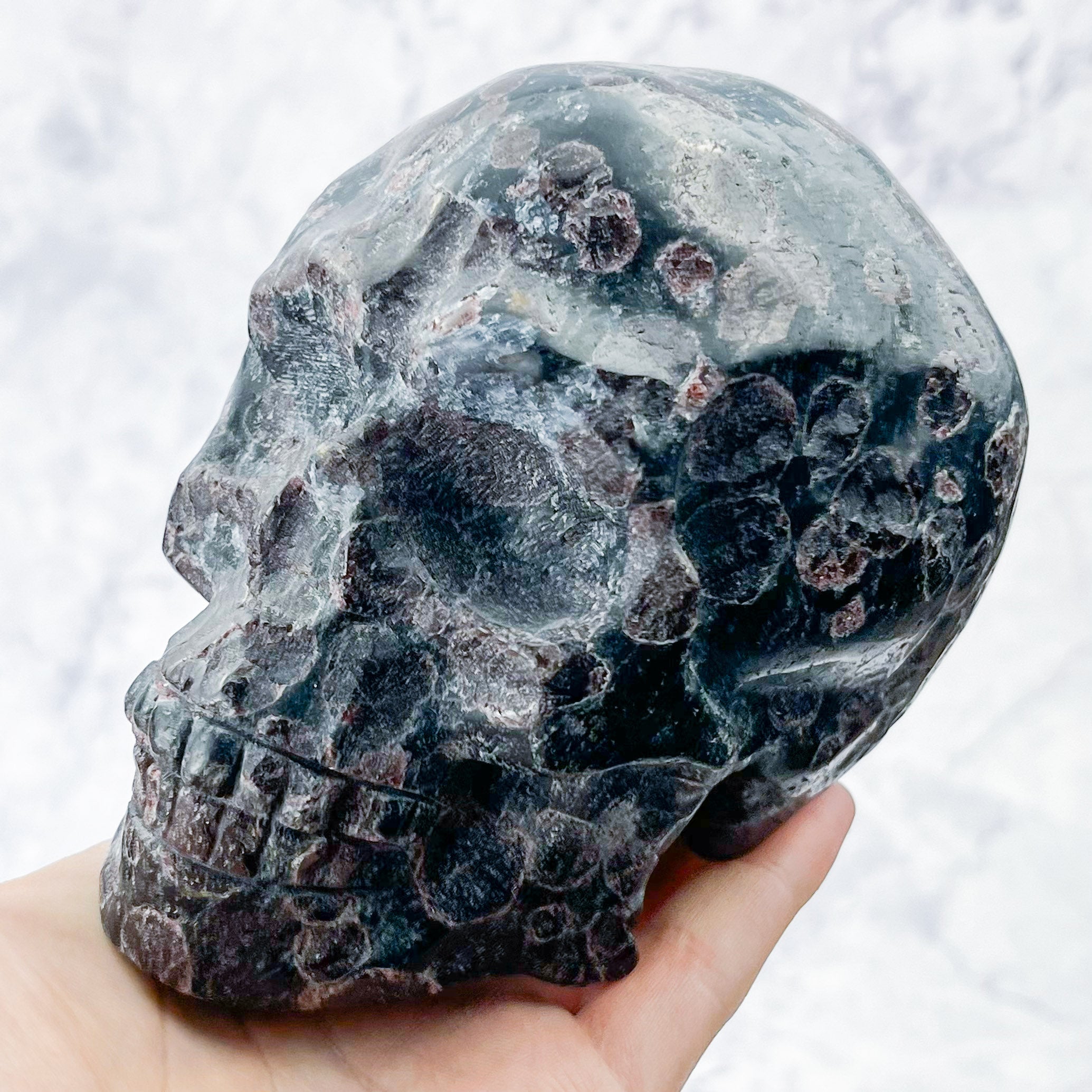 5 Inch Garnet in Arfvedsonite Skull Carving