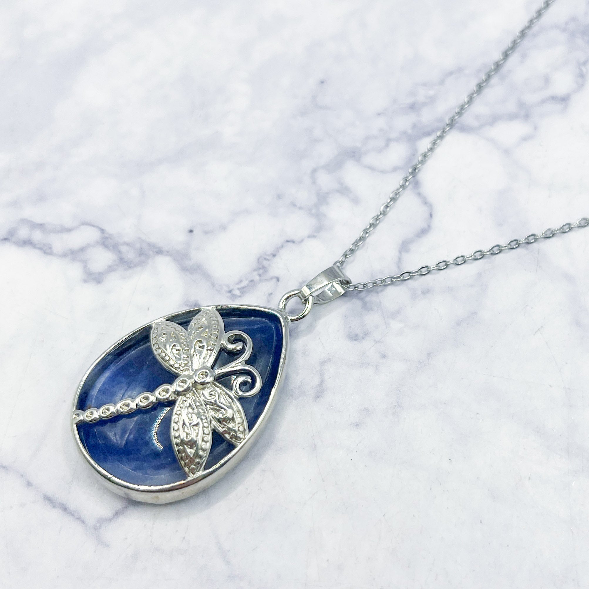 40mm Sodalite Teardrop with Dragonfly Overlay Pendant P10