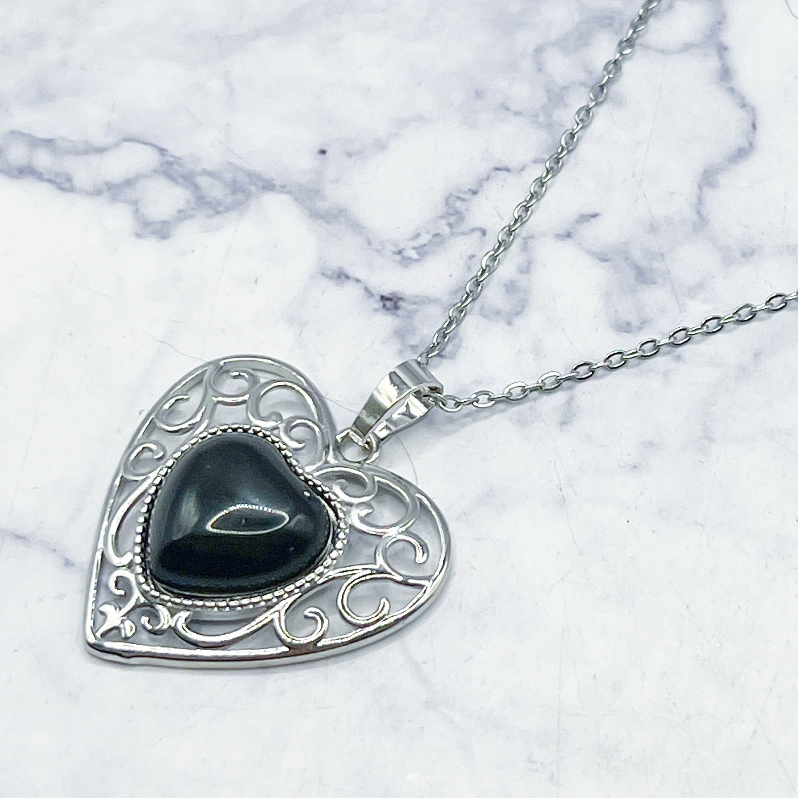 30mm Black Obsidian in Filigree Heart Pendant M8