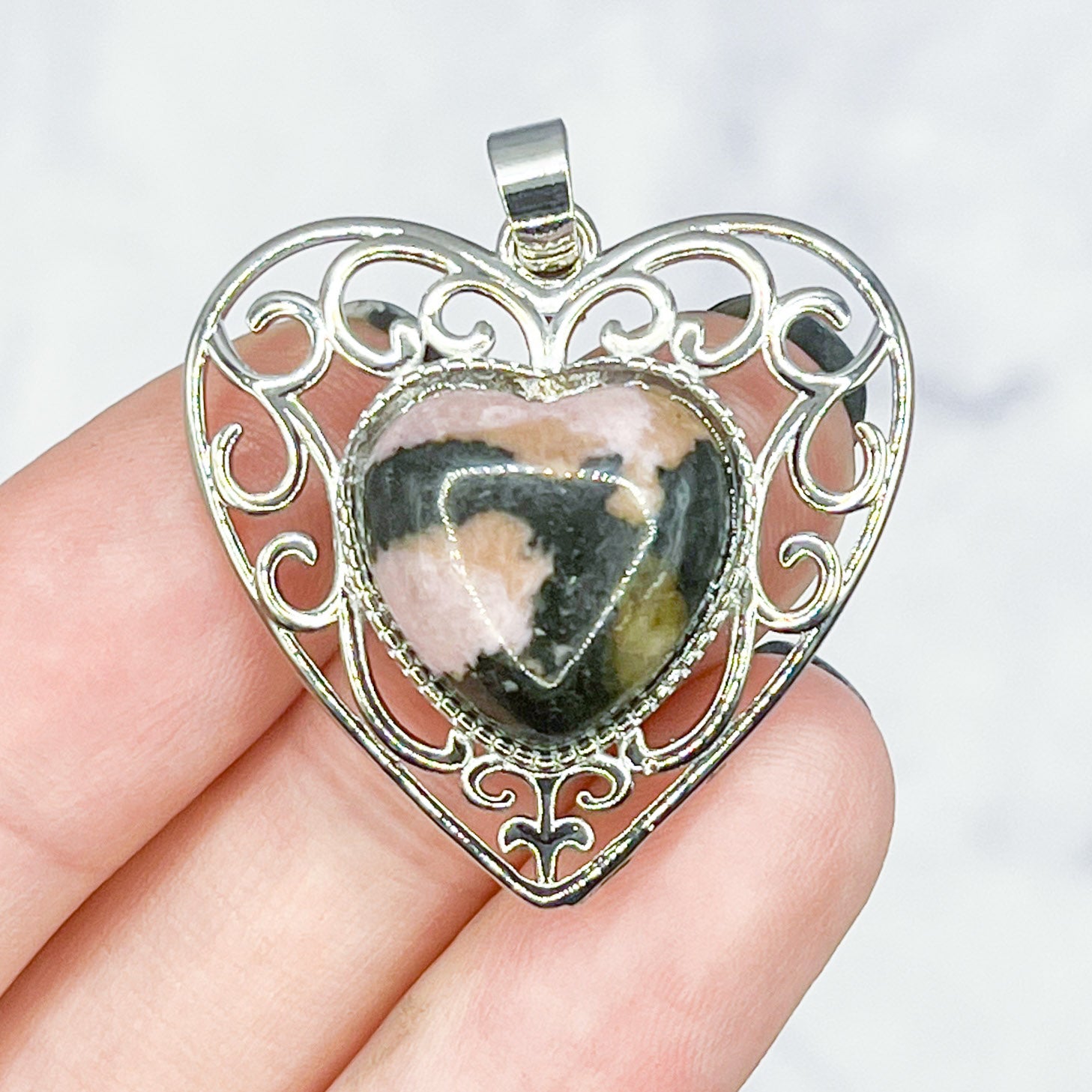 30mm Rhodonite in Filigree Heart Pendant N8