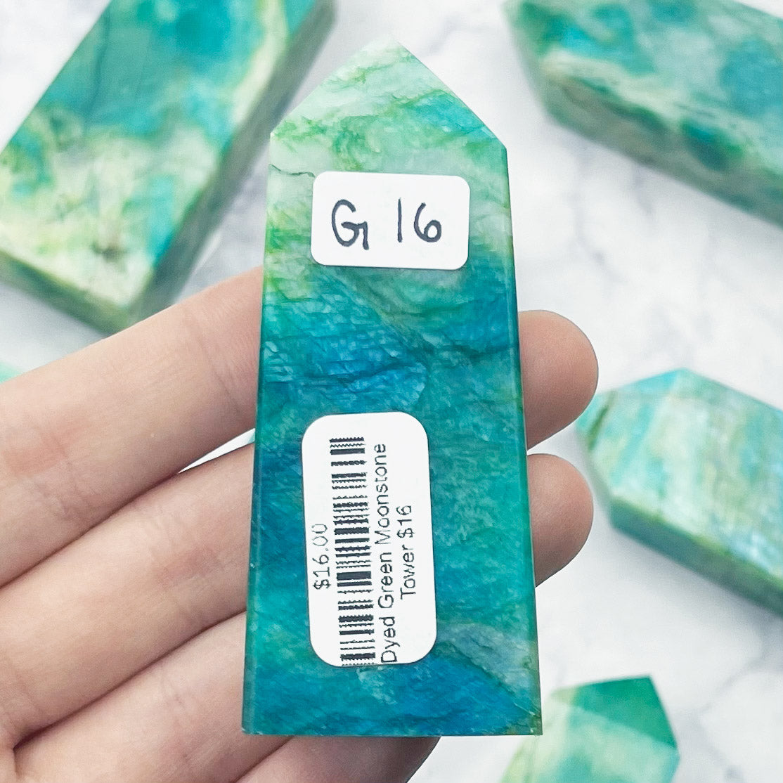 Dyed Green Moonstone Tower $16
