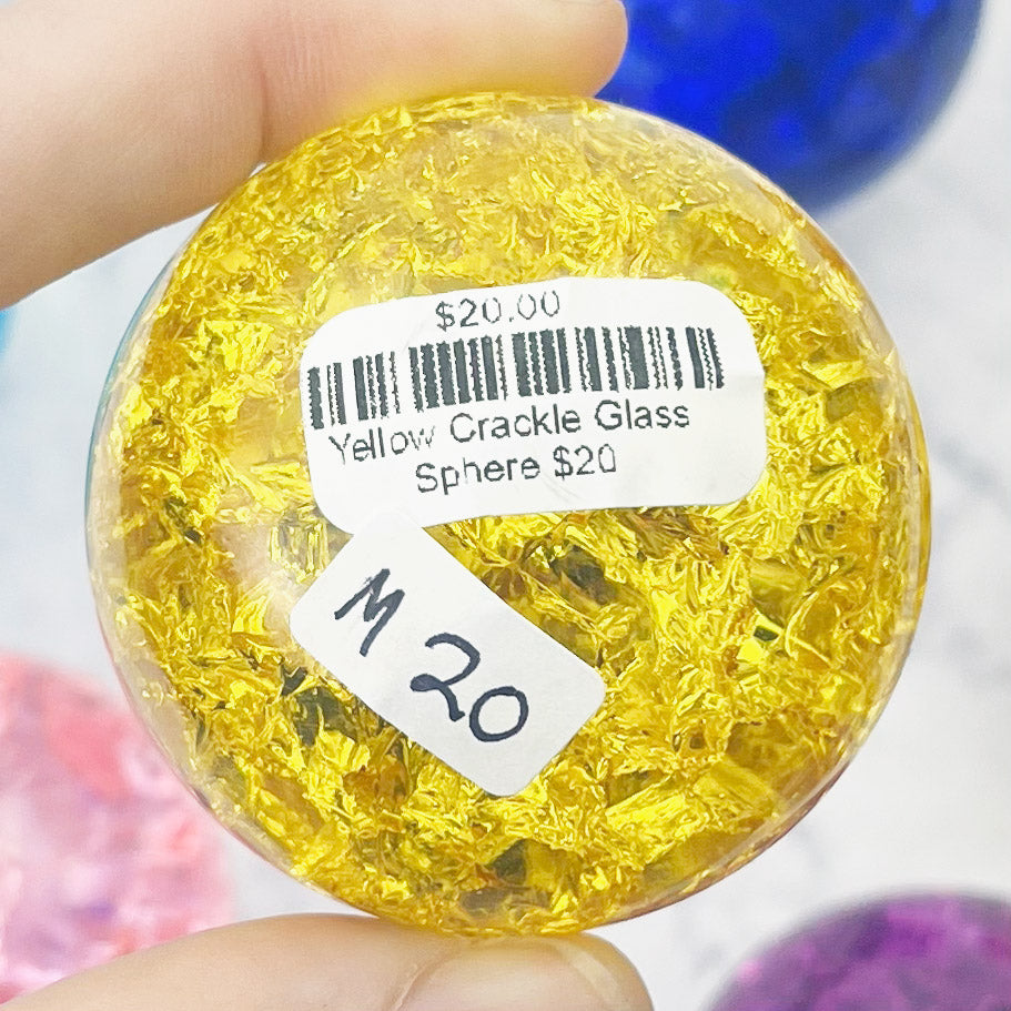 Yellow Crackle Glass Sphere $20
