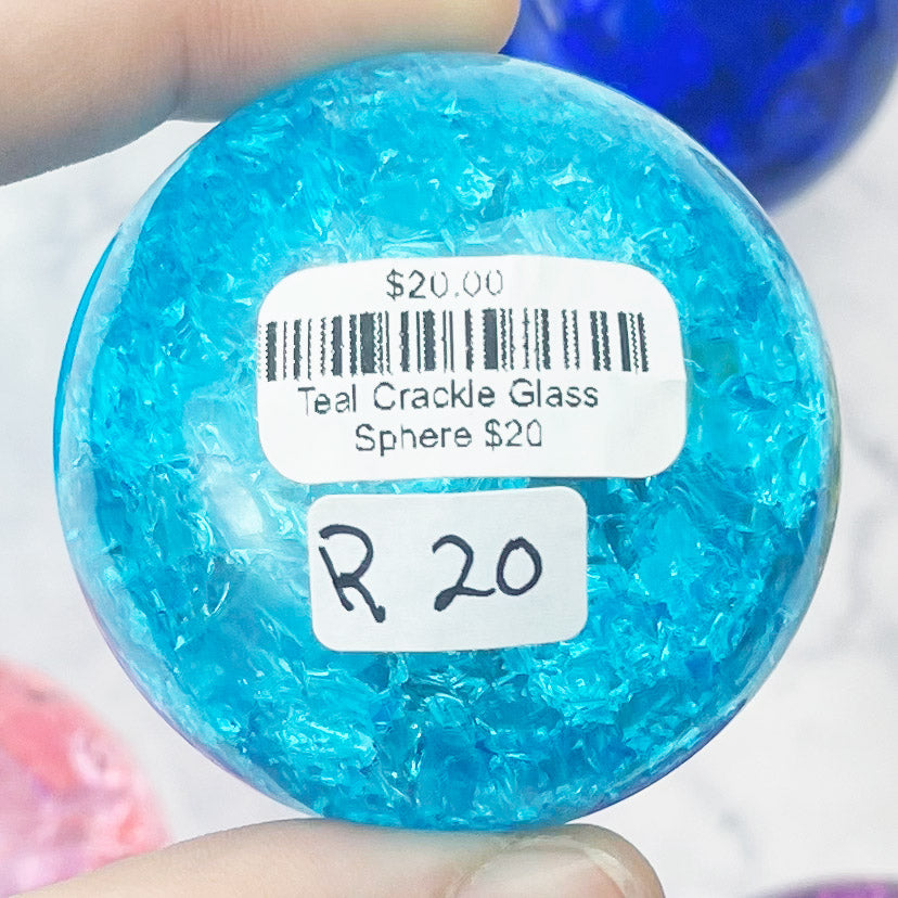 Teal Crackle Glass Sphere $20