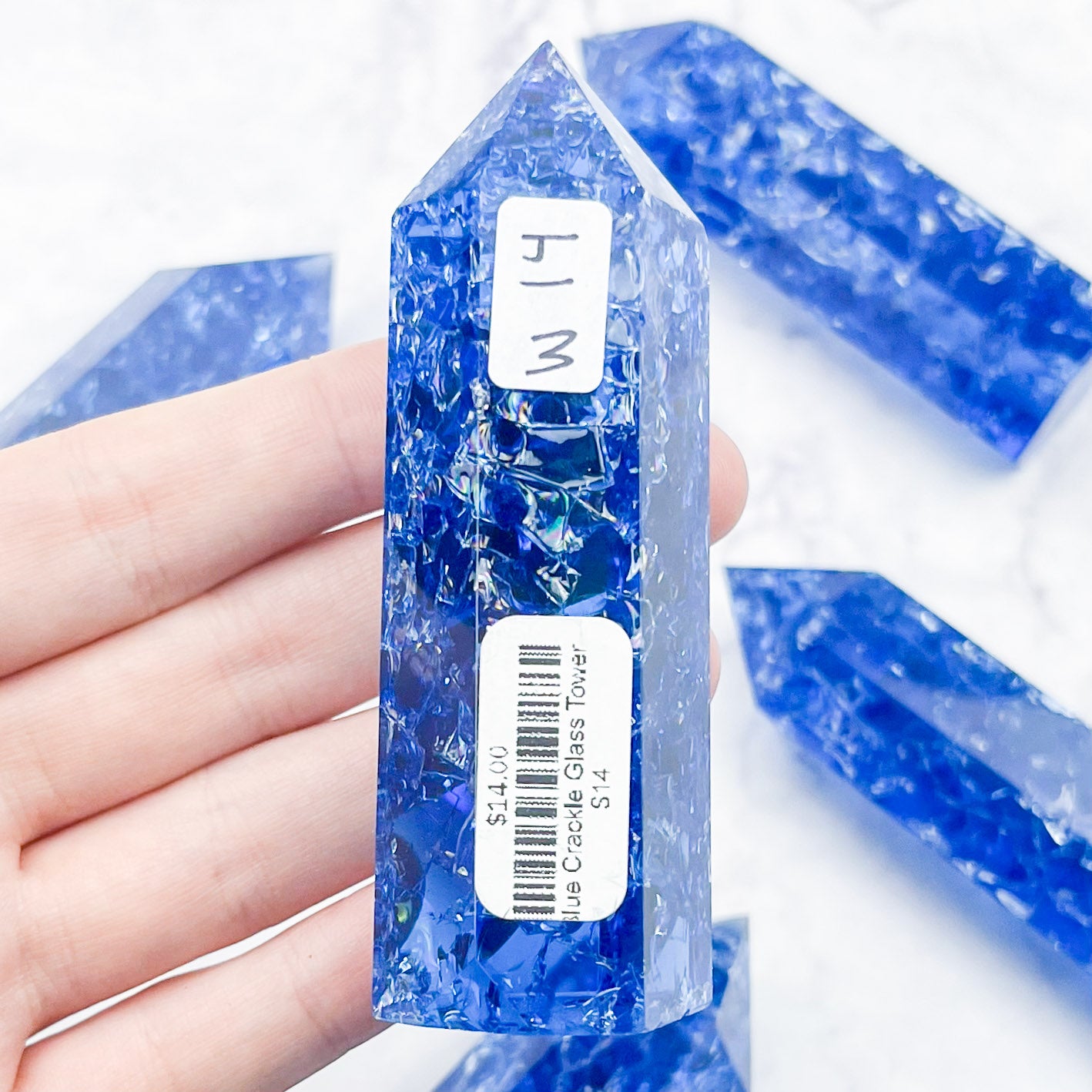 Blue Crackle Glass Tower $14