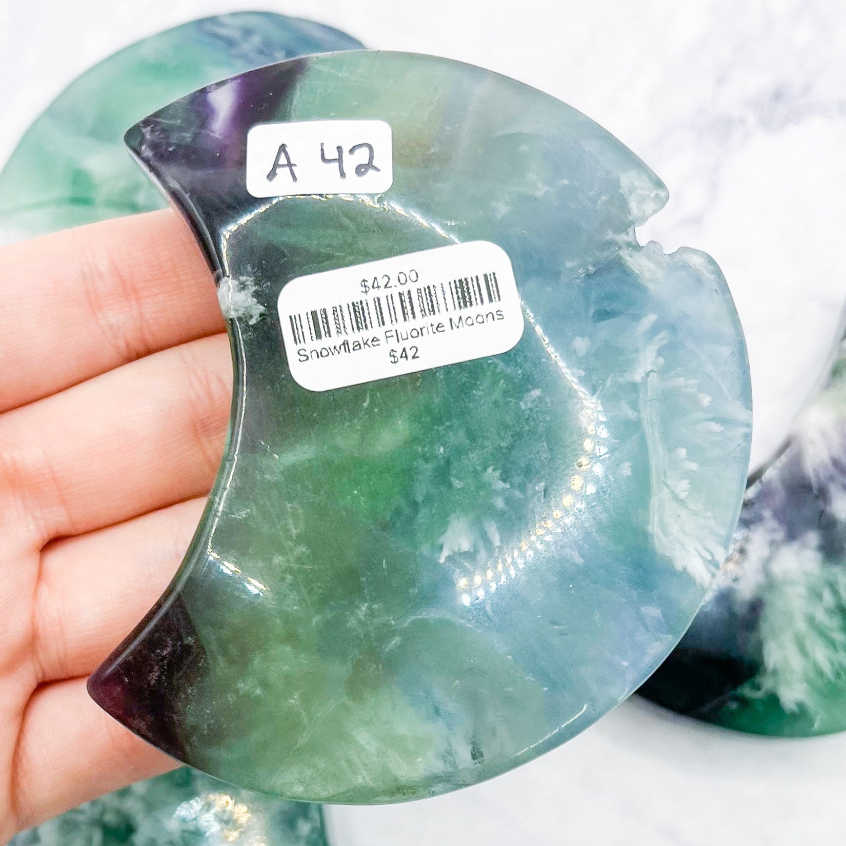 Snowflake Fluorite Moons $42