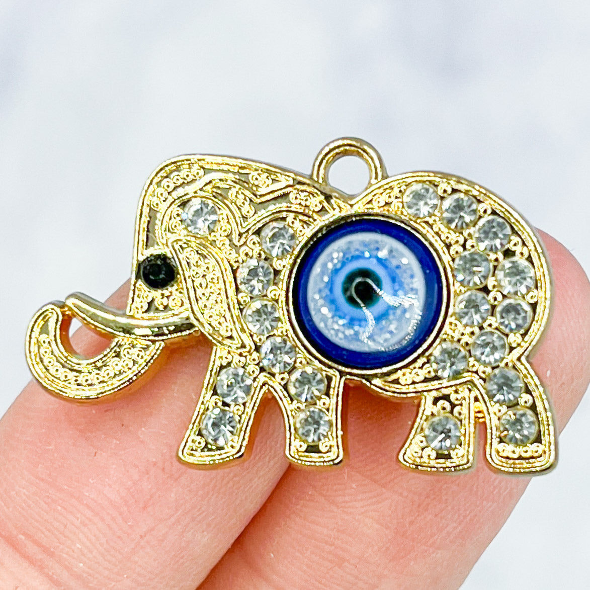 19mm Gold Cubic Zirconia Elephant with Evil Eye Charm A3