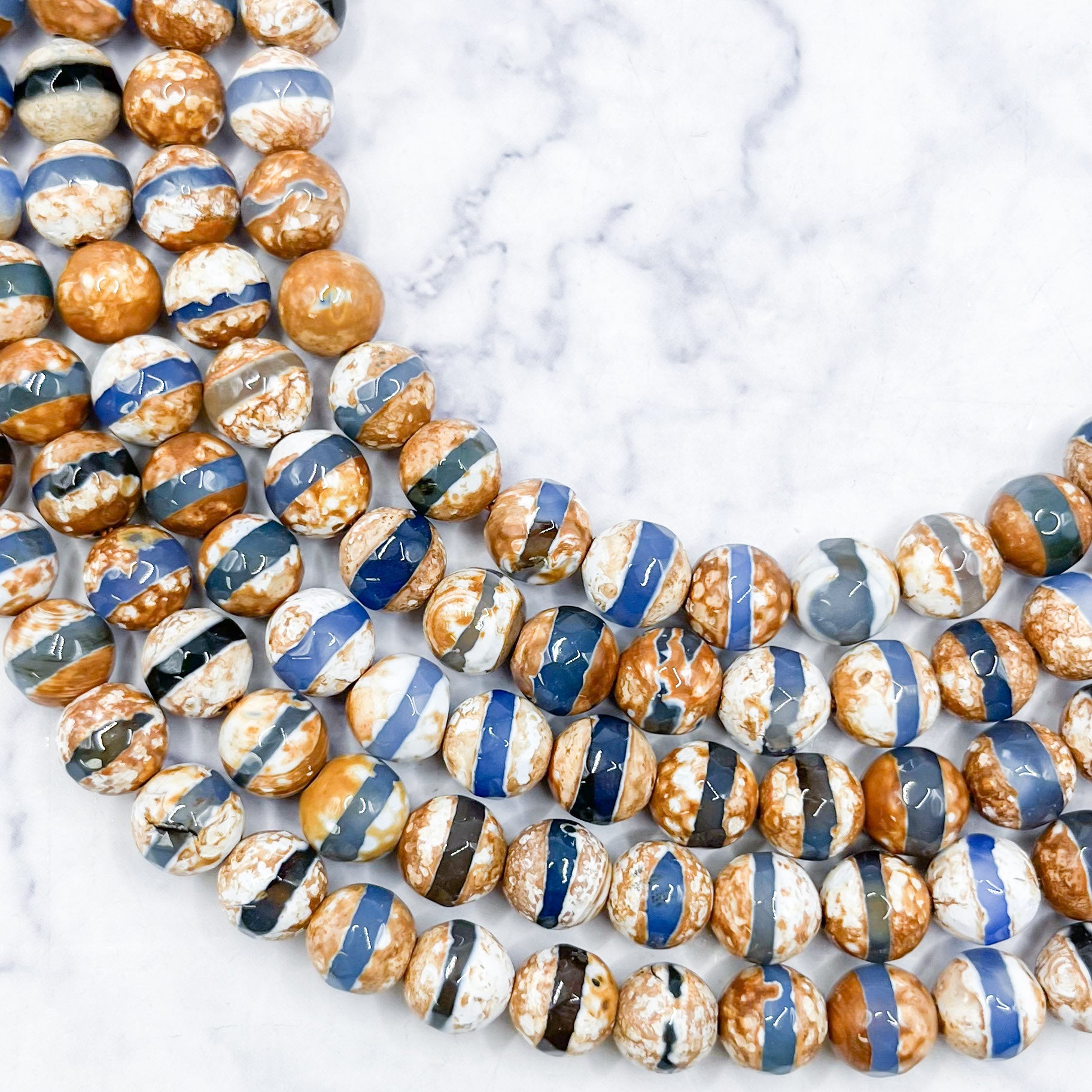 8mm Faceted Antique Blue/Brown Tibetan Agate Bead Strand X23