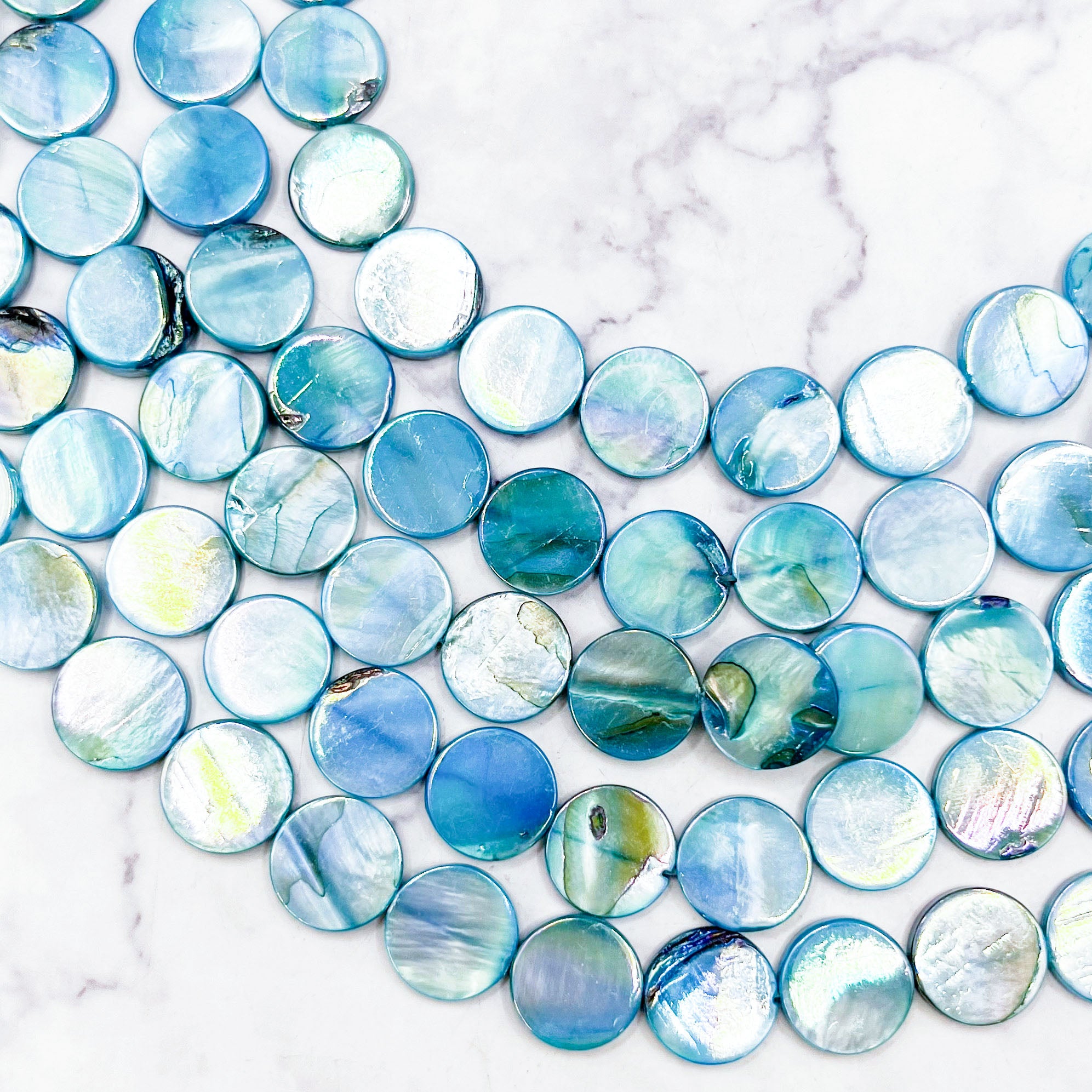 10mm Cyan Aura Shell Coin Bead Strand K10