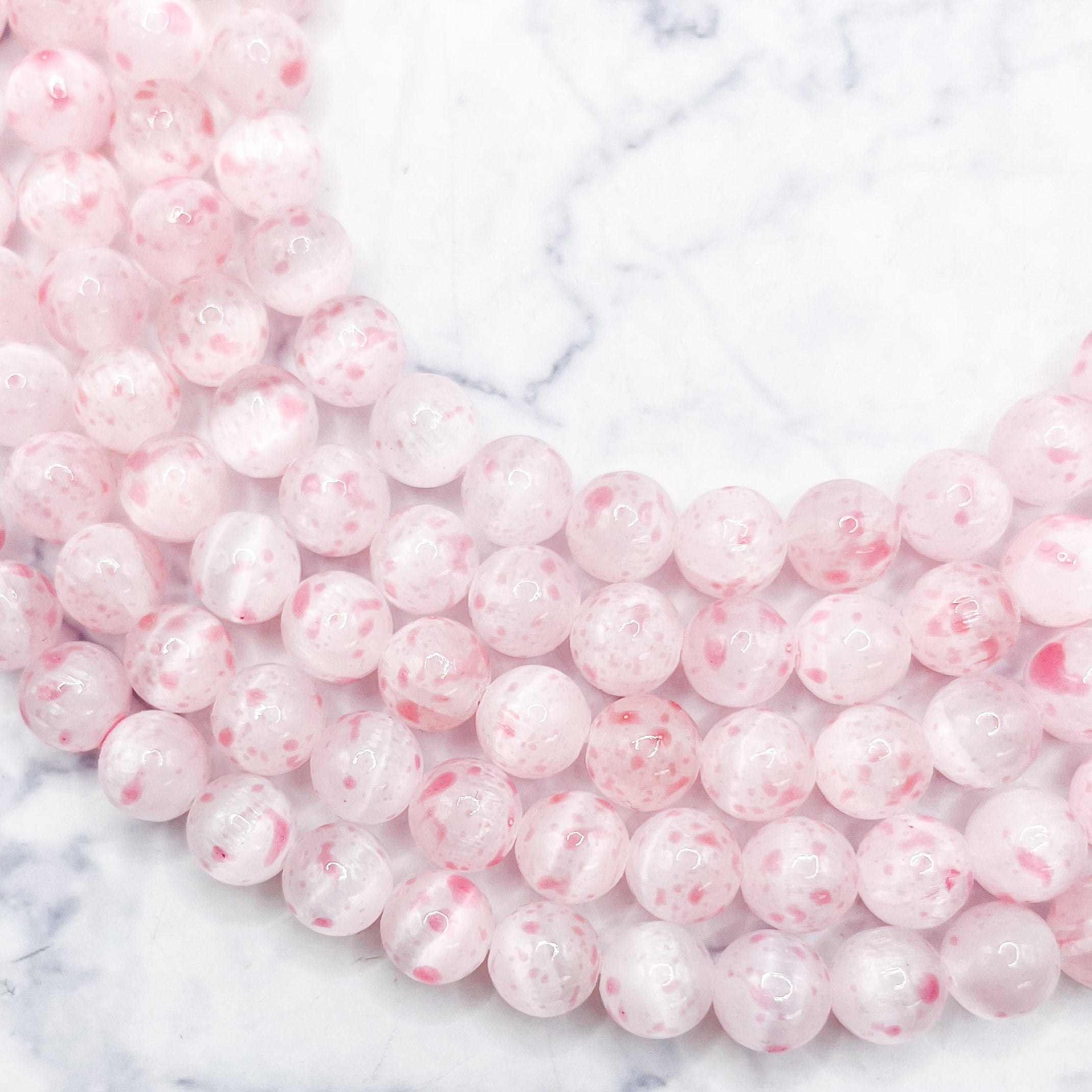 8mm Dyed Pink Speckled Selenite Bead Strand T28