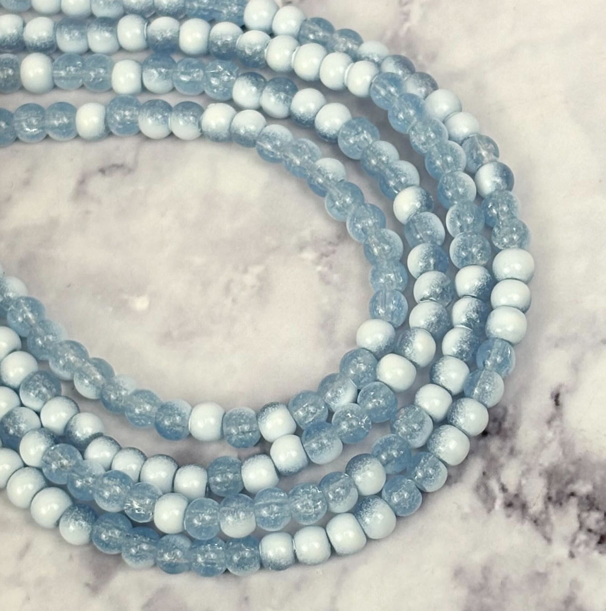 4mm Light Blue and White Crackle Glass Full 30" Loop Bead Strand N6