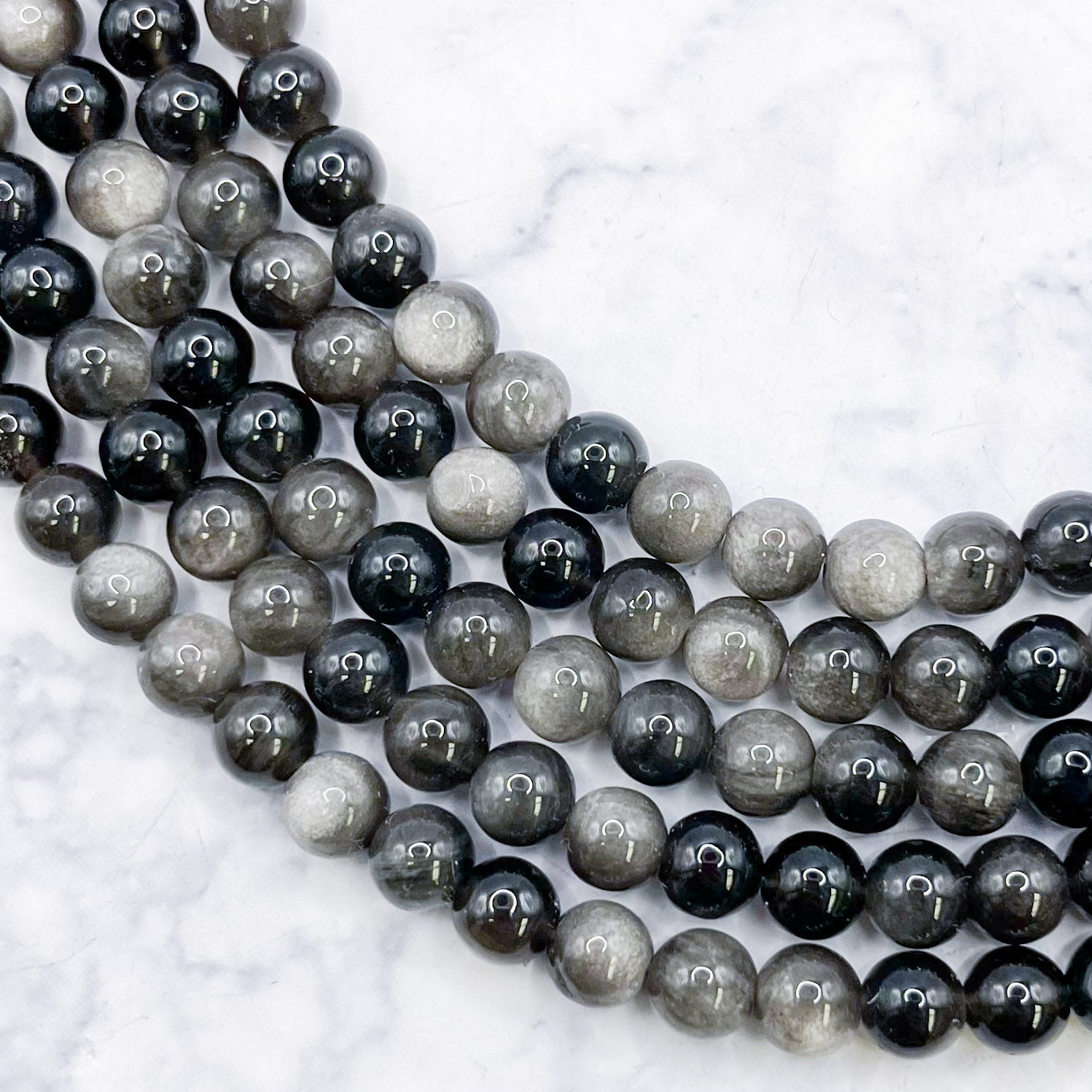 6mm Silver Sheen Obsidian Bead Strand D10