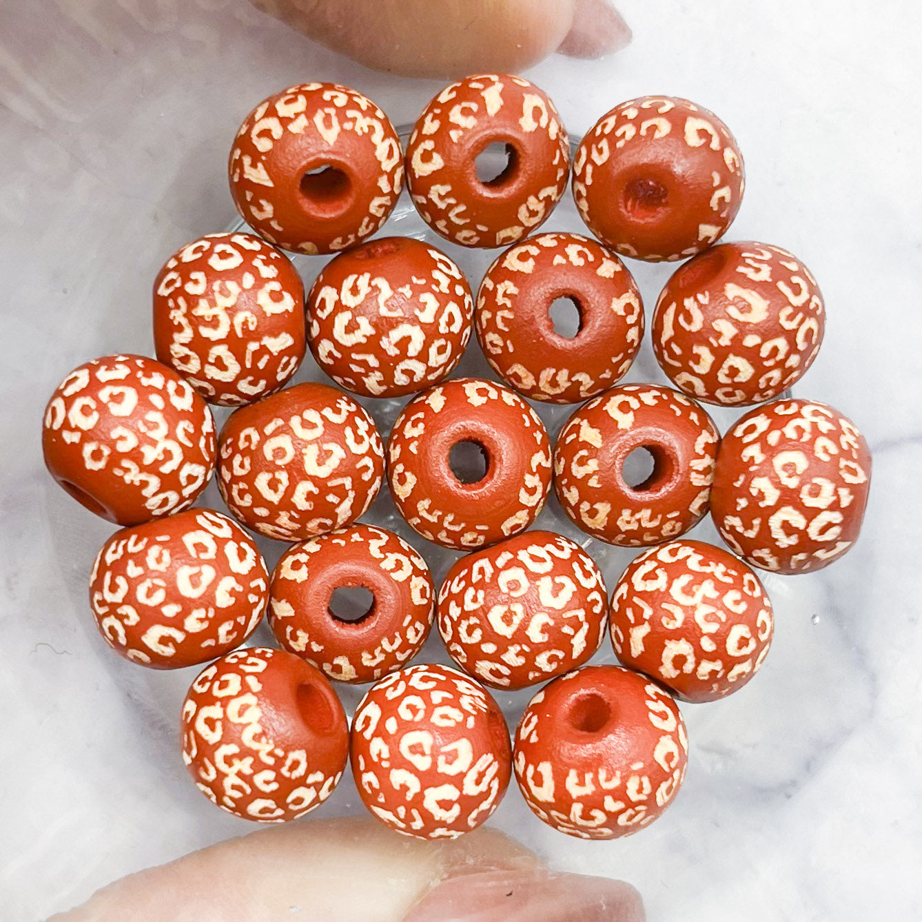 10mm Burgundy Leopard Print Laser Engraved Wood Bead Pack (10 Beads) A4