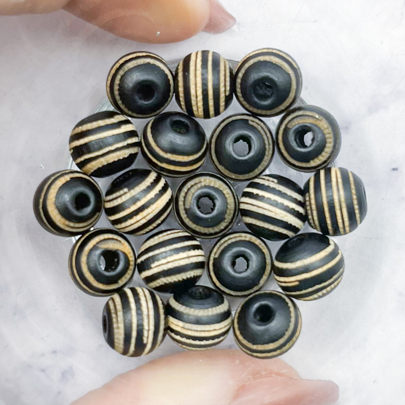 10mm Black Zebra Print Laser Engraved Wood Bead Pack (10 Beads) C4
