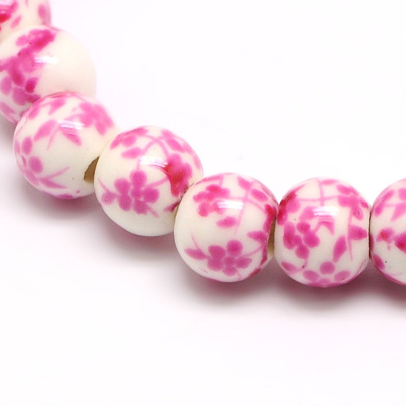 6mm Bright Pink Flowers Porcelain Bead Pack (10 Beads) E45
