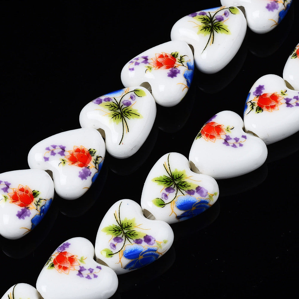 15mm Red and Blue Flowers Porcelain Heart Bead Pack (5 Beads) P25