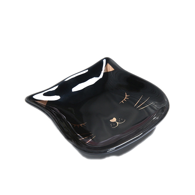 3.25-Inch Black Porcelain Cat Head Trinket Dish V16