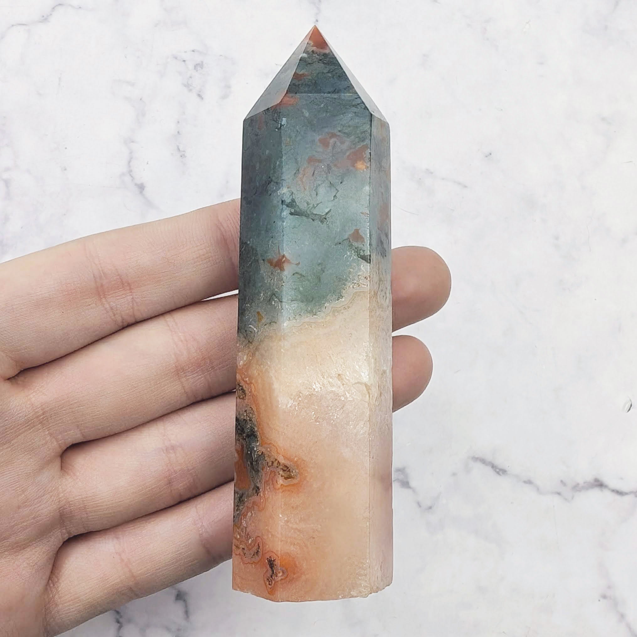 3.75 Inch Carnelian Moss Agate Tower O13