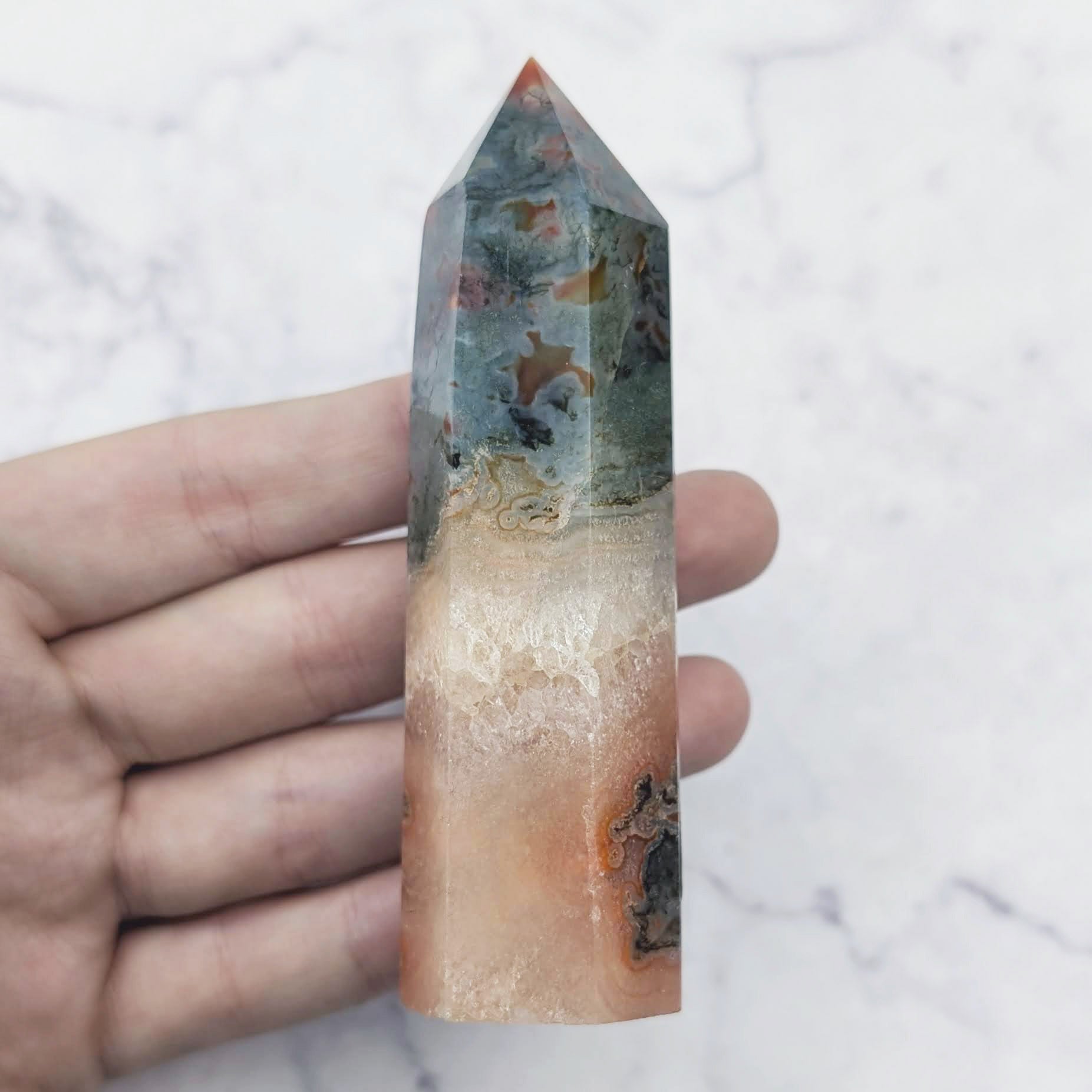 3.75 Inch Carnelian Moss Agate Tower O13
