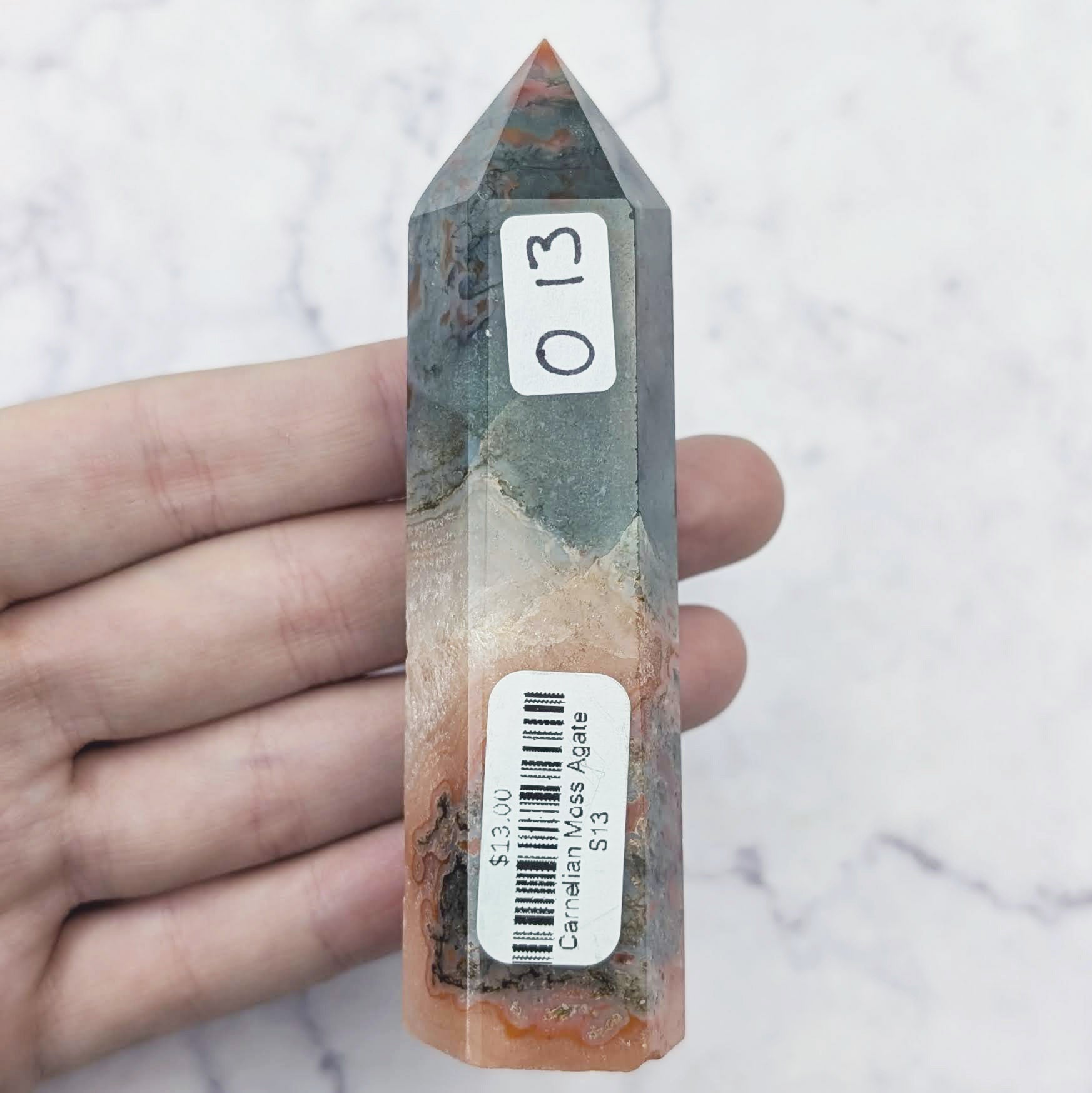 3.75 Inch Carnelian Moss Agate Tower O13