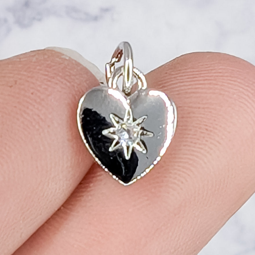 10mm Silver Cubic Zirconia Heart with Star Charm D2