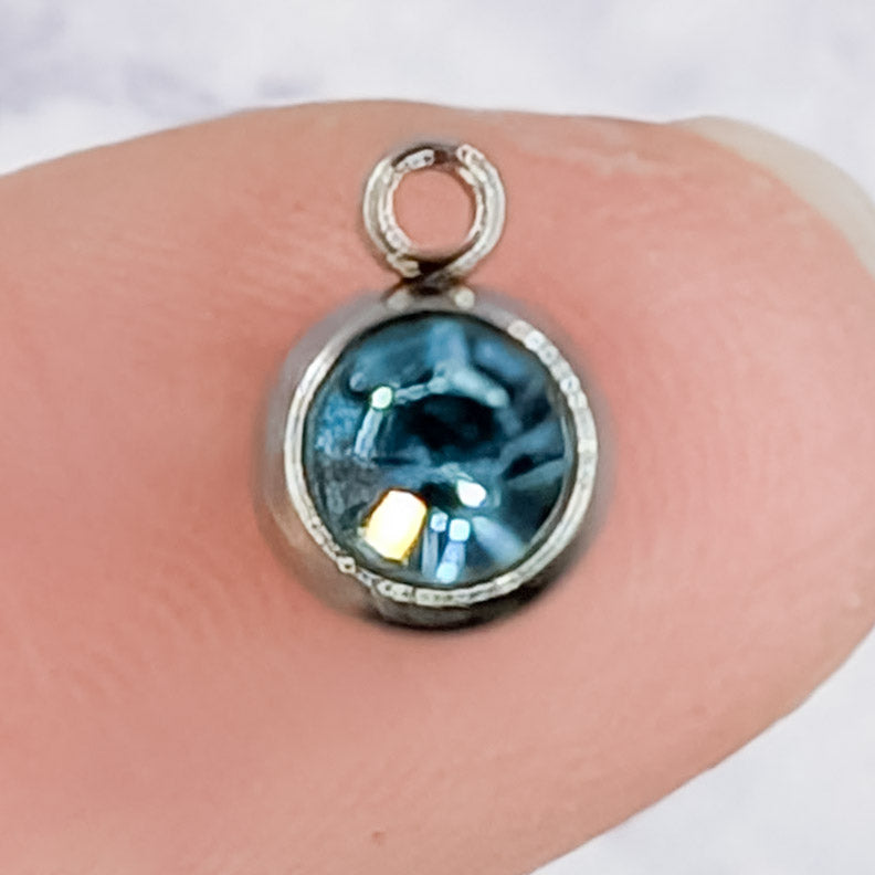 9mm Silver with Aquamarine Rhinestone Round Charm D125