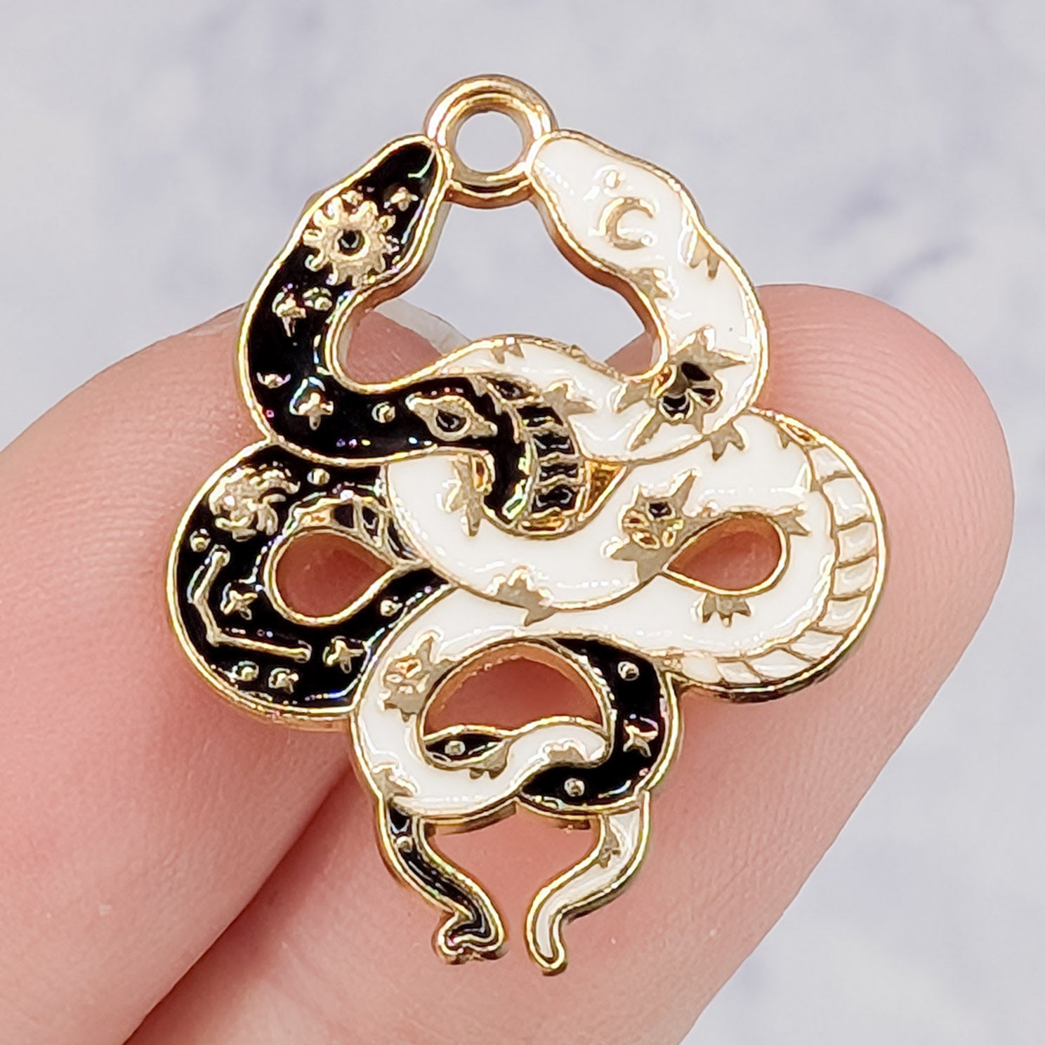 26mm Black and White Intertwined Celestial Snakes Charm A2