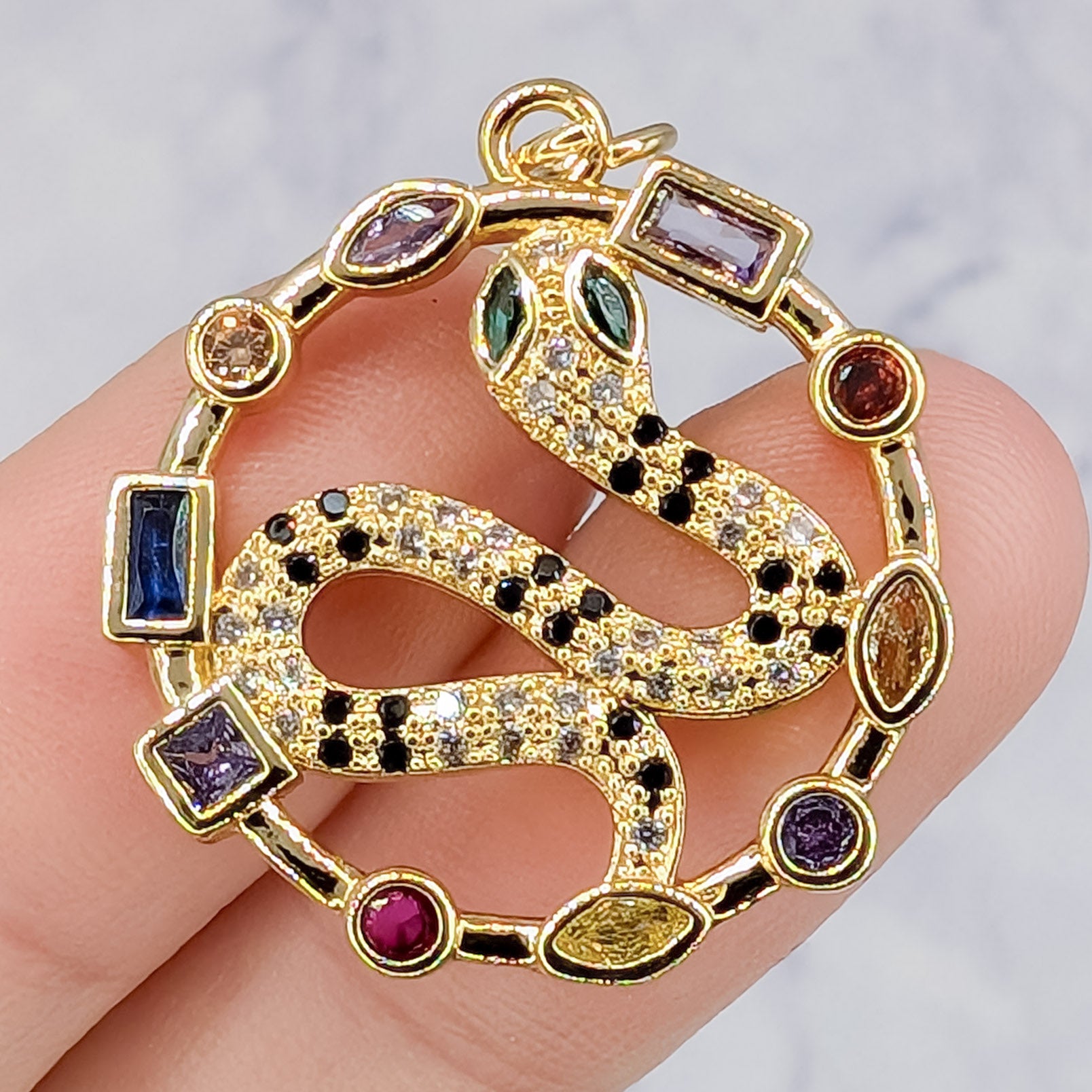 27mm Gold Cubic Zirconia Colourful Snake Charm R6