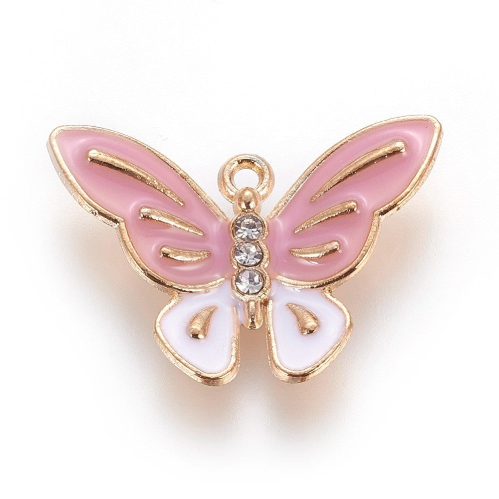 18mm Pink and White Butterfly with Rhinestones Charm S2