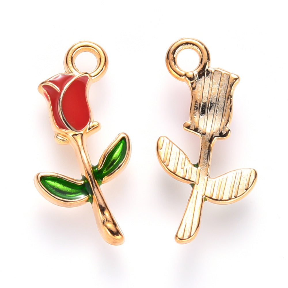 29mm Gold Simple Red Rose Charm B2