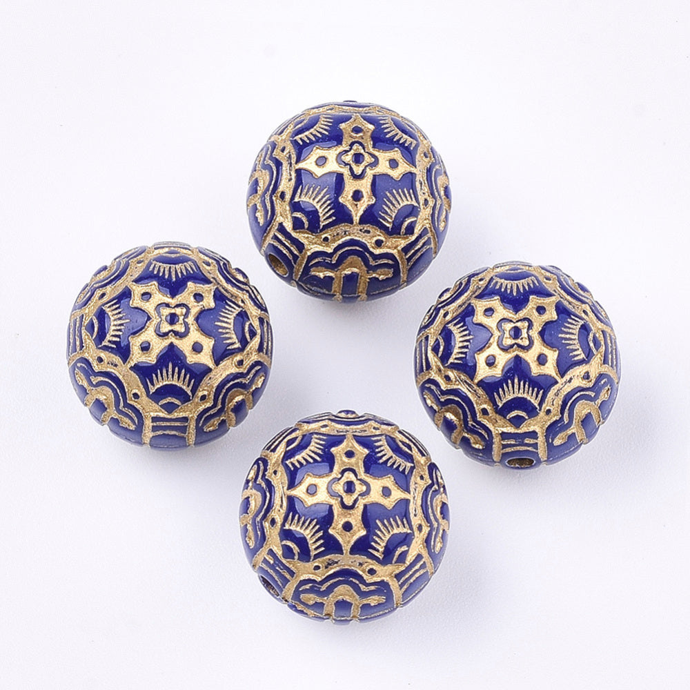 14mm Dark Blue with Gold Ornate Design Acrylic Bead Pack (5 Beads) H2