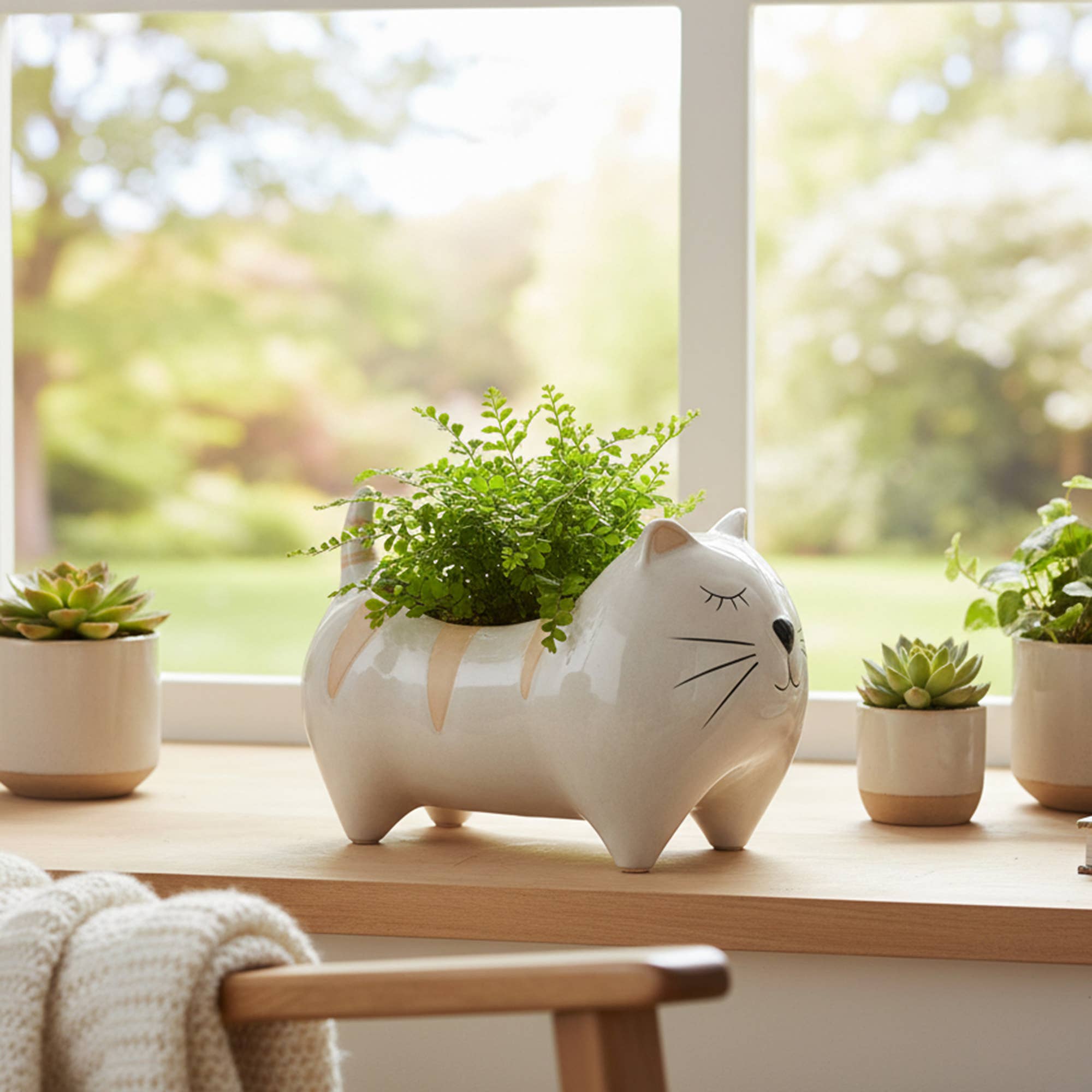 Large Ceramic Cat with Stripes Planter