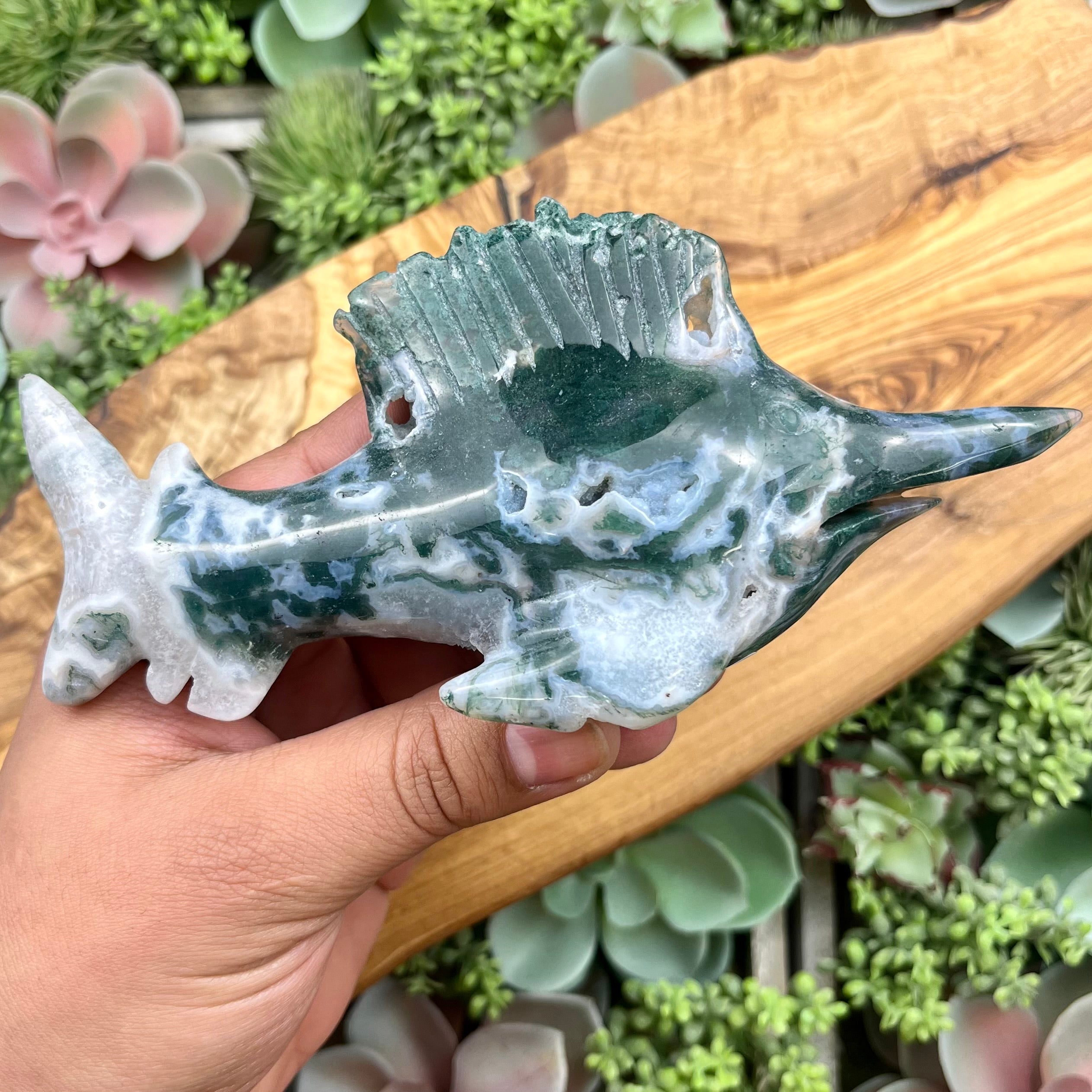 6 Inch Moss Agate Sword Fish Carving G162